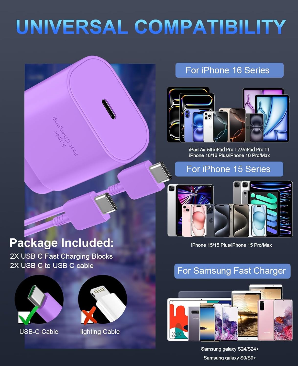 Phone 16 15 Charger,30W USB C Fast Charger Block & 10FT Long C to C Fast Charging Cable Cord for Phone 16 15/16 15 Pro Max/ 16 15 Plus/ 15 Mini,Pro 12.9/11 inch,10th Gen,Samsung Galaxy S24Ultra,Purple