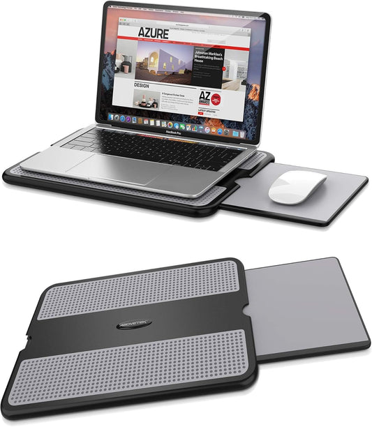 AboveTEK Portable Laptop Lap Desk w/Retractable Left/Right Mouse Pad Tray, Non-Slip Heat Shield Tablet Notebook Computer Stand Table w/Sturdy Stable Work Surface for Bed Sofa Couch or Travel