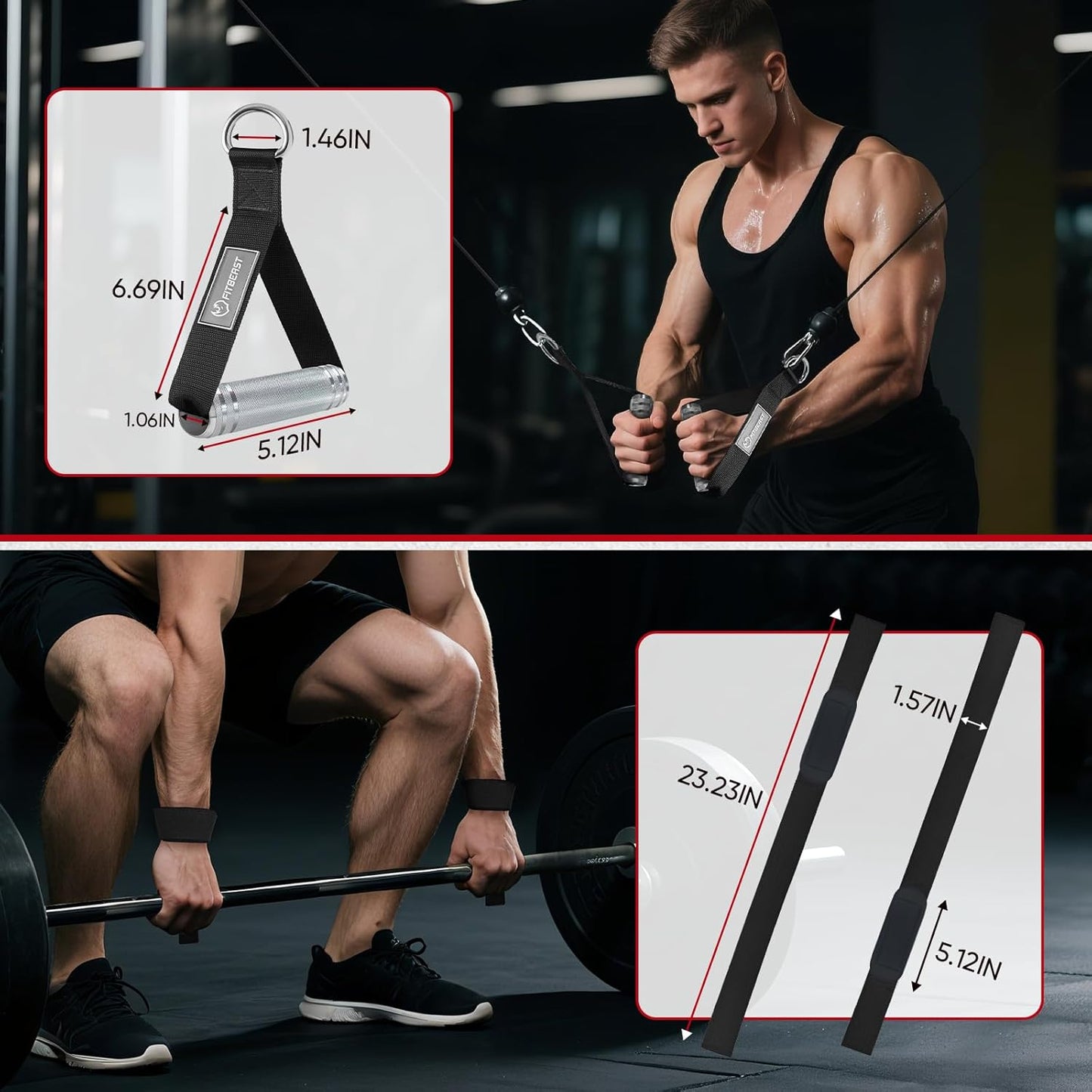 FitBeast Aluminum Exercise Handles & Lifting Straps Set - Replacement Gym Handles for Cables Machine, Pulley System, Strength Trainer, Pull Down Workout Handles, Pilates, Home Gym Cable Attachments