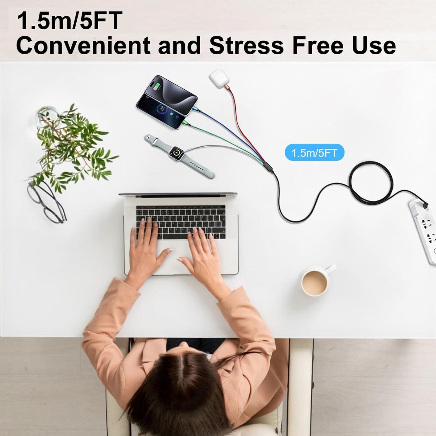 Charger Compatible for Apple Watch, 4 in 2 Multi Charging Cable for Multiple Devices, Upgraded Nylon Braided Charging Cord Compatible with iWatch Ultra SE 10-1, iPhone 16-13, Android Phone (5FT)