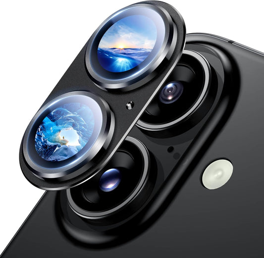 Uyiton Compatible with iPhone 16 / iPhone 16 Plus Camera Lens Protector - [Not Easy to Break][Strong Adsorption][Case-Friendly] Metal Tempered Glass Rear Camera Screen Cover - Black Titanium