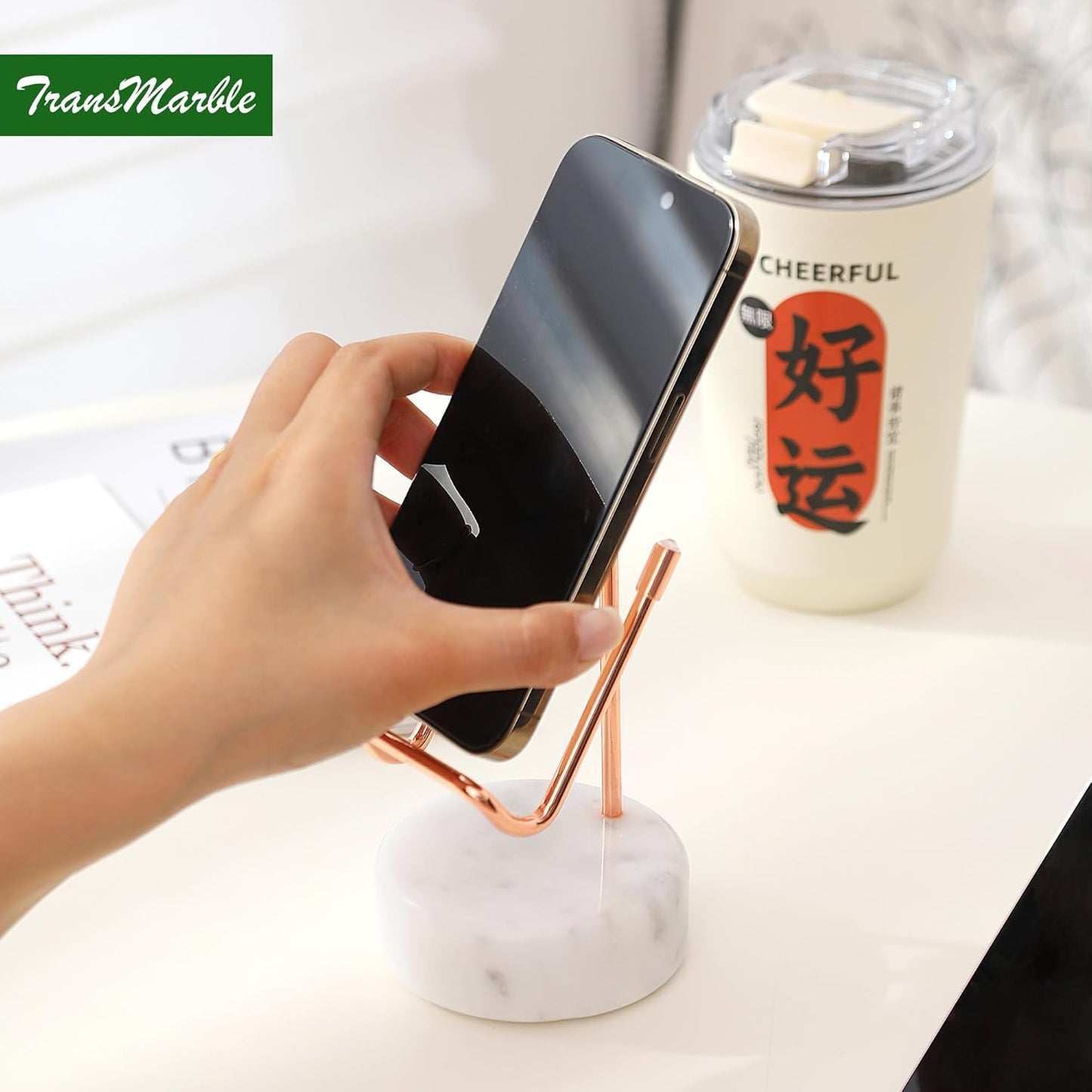 Marble Phone Stand with Metal Holder, Charging Available While Using, Swipe Up to Unlock, Made of Natural Marble as Business Card Holder for Office Desk (Starry White + Rose Gold)