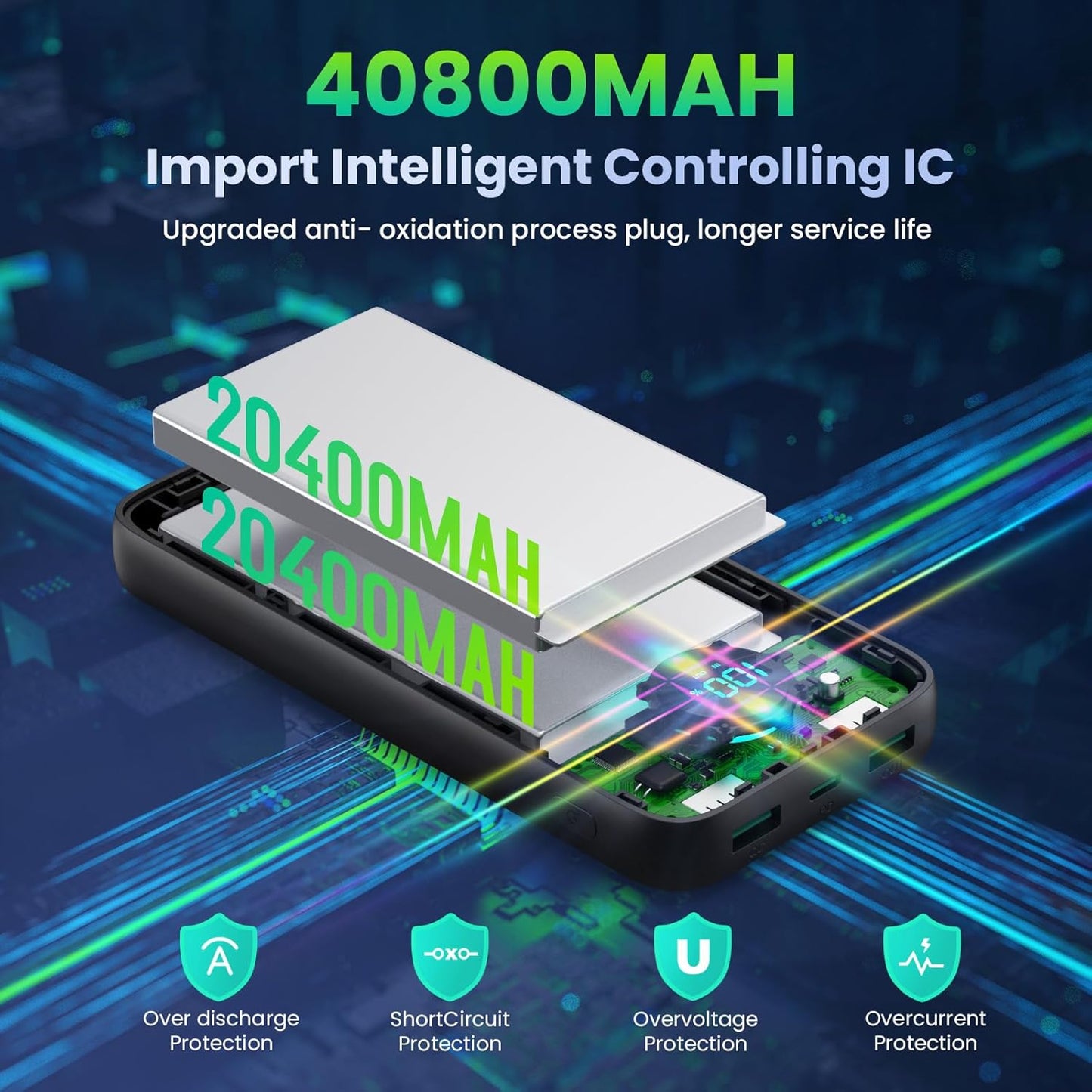 Portable Charger PowerBank 40,800mAh with 2 Built-in Cables,25W PD Fast Charging +QC 4.0 Quick Phone Charging Power Bank, 5 Outputs LCD Display USB C Battery Pack for iPhone 16/15 Android Galaxy etc