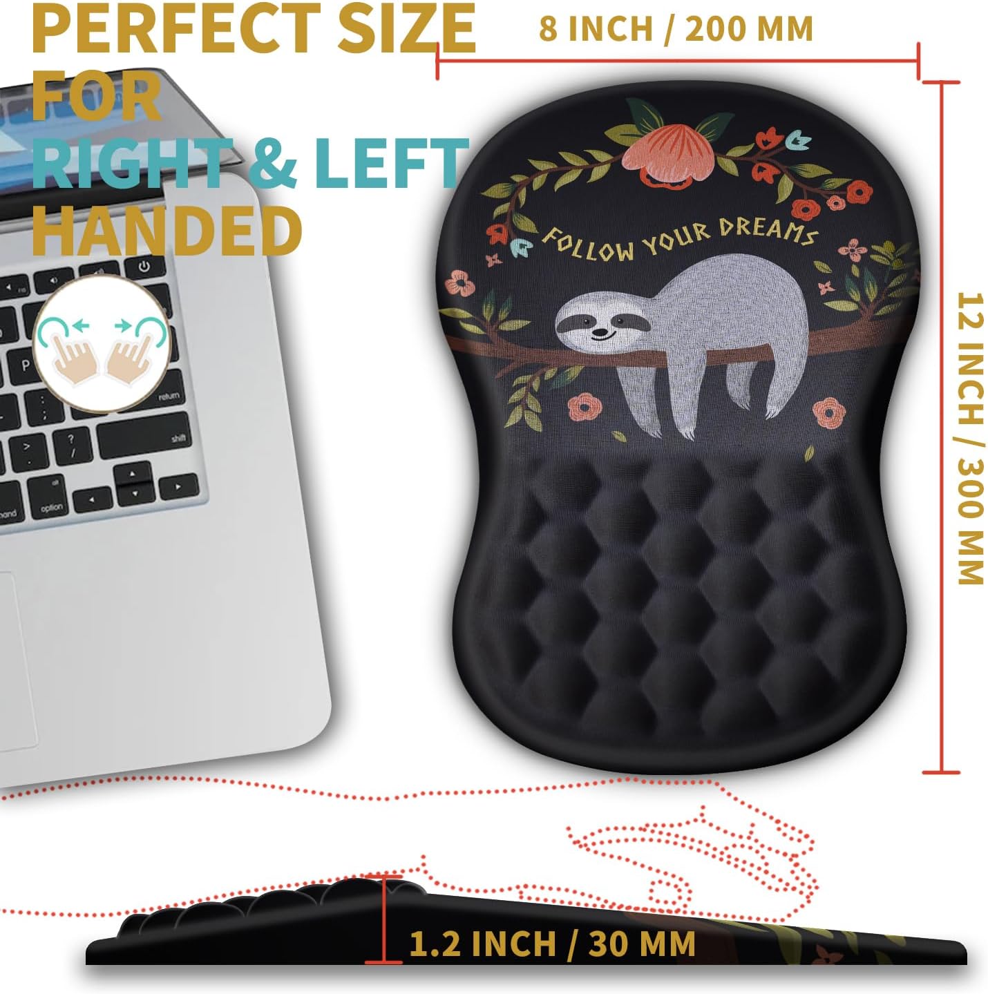 Hokafenle Ergonomic Mouse Pad Wrist Support with Massage Design, Wrist Rest Pain Relief Mousepad with Memory Foam&Non-Slip PU Base, Mouse Pads for Wireless Mouse & Desk (12x8 inch,Cute Sloth)