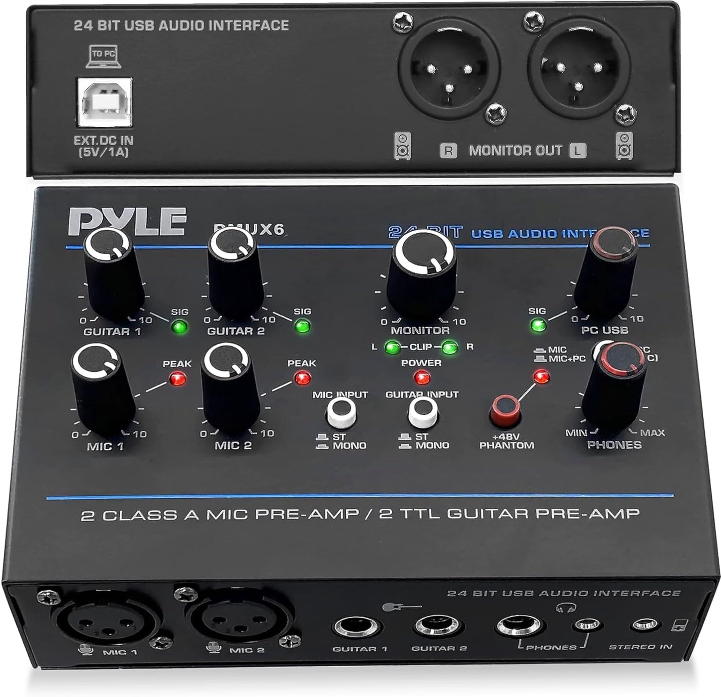 Pyle Professional USB Audio Interface with MIC, Guitar, AUX Stereo Inputs, Phone/Monitor Outputs, Ideal for Computer Playing & Recording, Compact Rugged Metal Housing - PMUX6