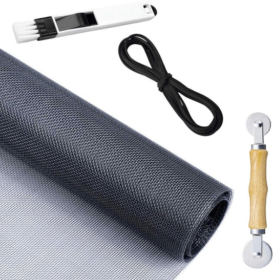 Screen Repair Kit for Windows or Doors Adjustable Fiberglass Screens with Rolling Tool, Screen Retainer Spline and Sliding Door Cleaning Brush (36" x 84", Black)