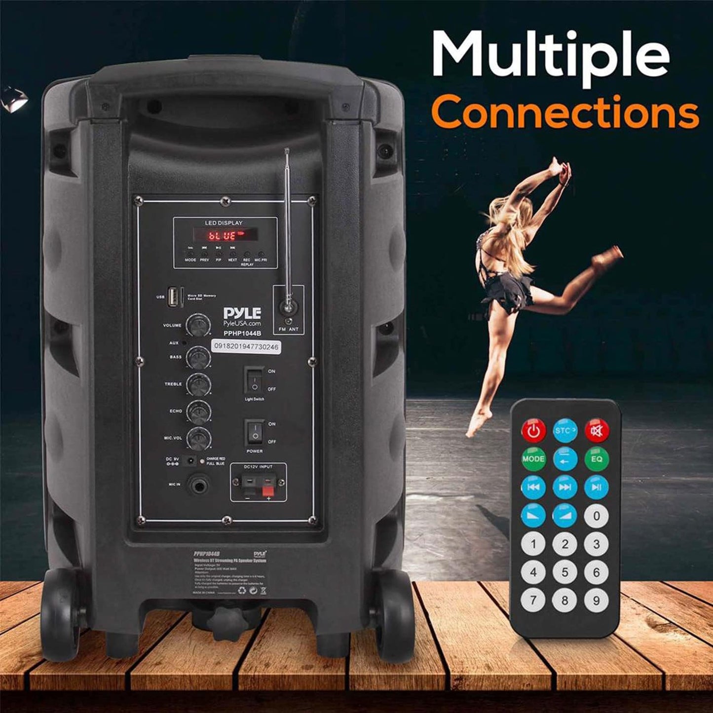 Pyle Portable Bluetooth PA Speaker System - 600W Bluetooth Speaker Portable PA System W/ Rechargeable Battery, Party Lights, MP3/USB SD Card Reader, Rolling Wheels - Pyle PPHP1044B