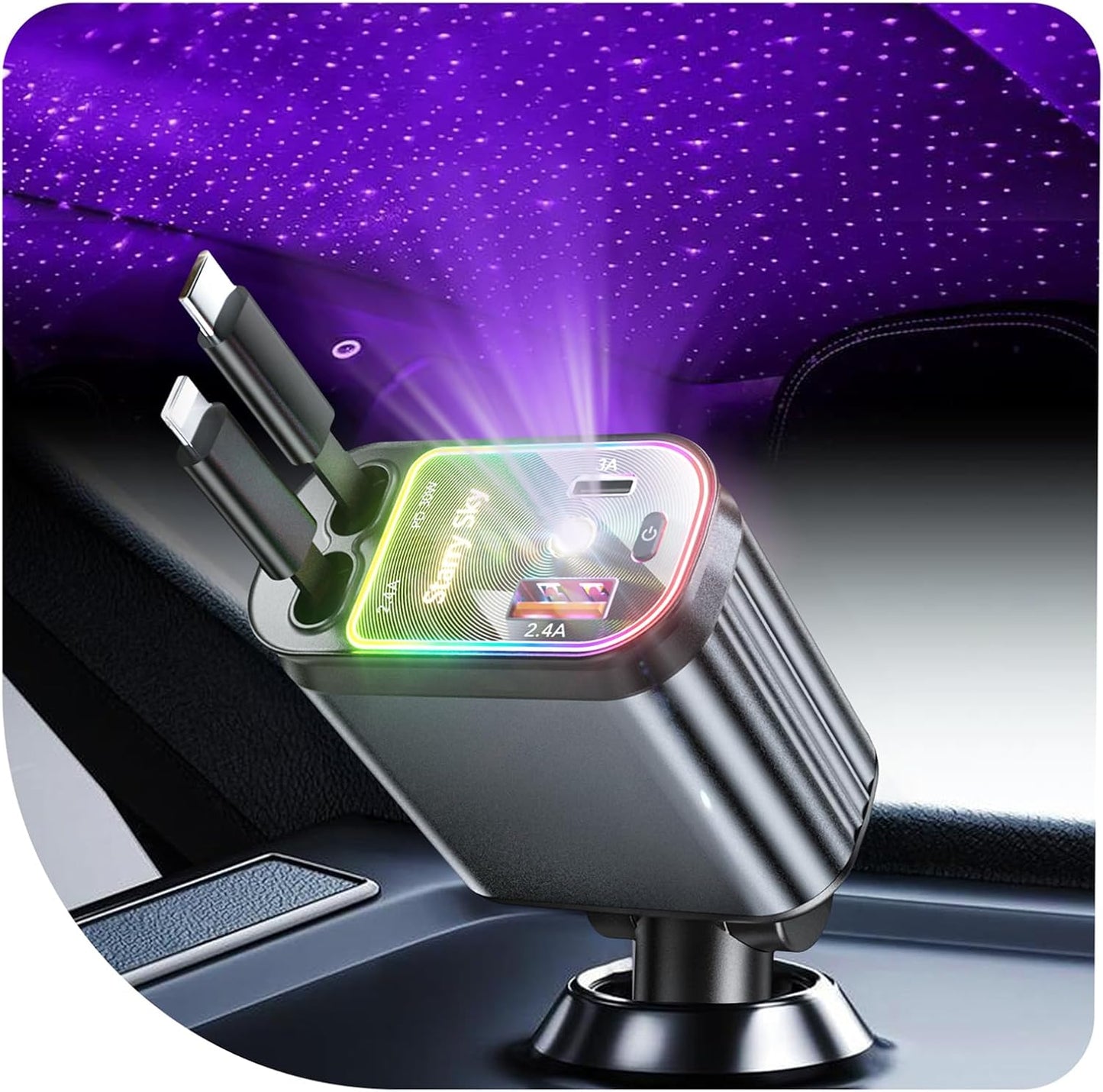 Upgraded Starlight Retractable Car Charger Adapter,4 in 1 Fast Charging Car Phone Charger,69W USB C Car Truck Accessories,Road Trip Essentials Gift for Men Women for iPhone 16/15/14/13/12,Galaxy,Pixel