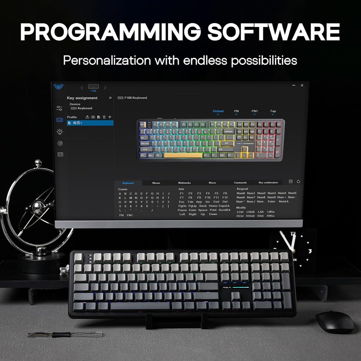 EPOMAKER Aula F108 Wireless Gaming Keyboard, Full Size Mechanical Keyboard with 4000mAh Battery, 108 Hot-Swappable and Programmable Keys, RGB Backlight, for Mac/PC/Android (Black Gradient)