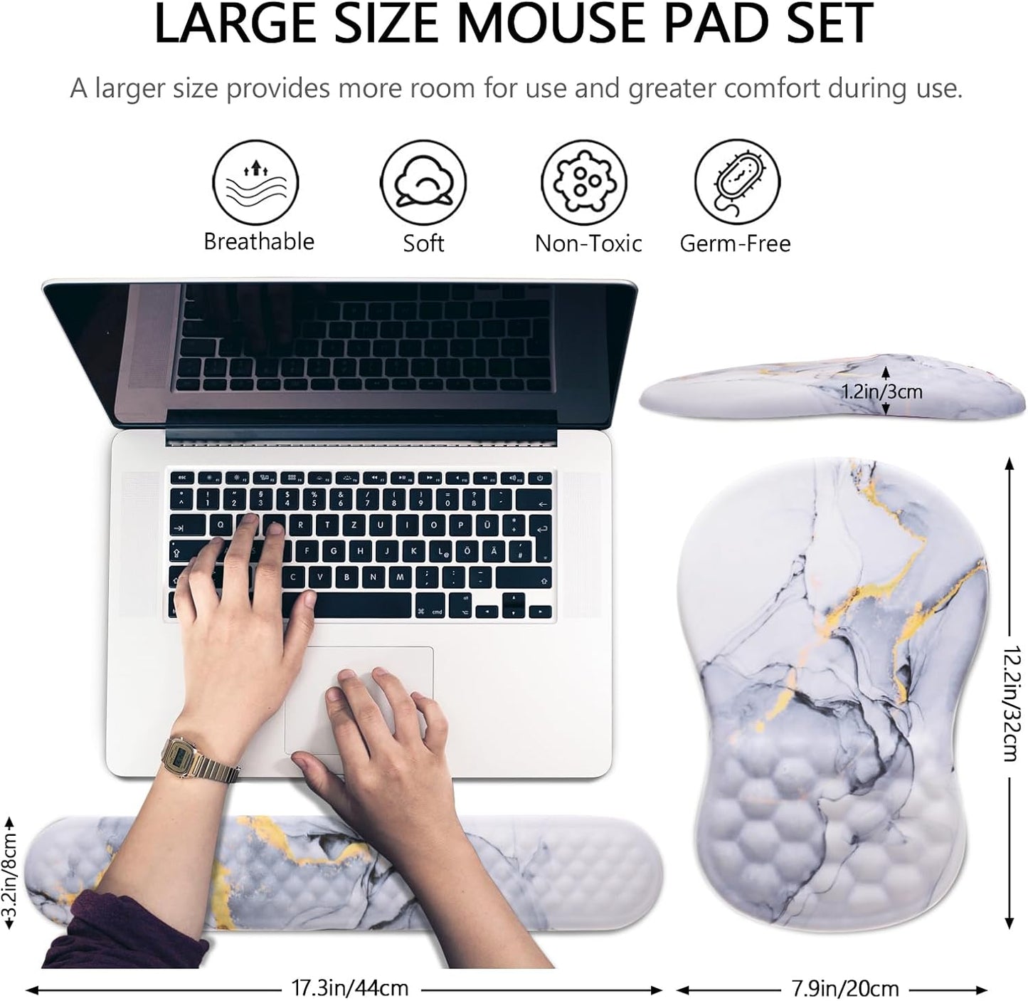 Mouse Pad Wrist Support, Laokiiy 2 in1 Keyboard Wrist Rest+ Ergonomic Mouse Pad, Non-Slip Wrist Rest for Computer Keyboard, Made Easy Typing & Relieve Wrist Pain(White Gold Gray Marble)