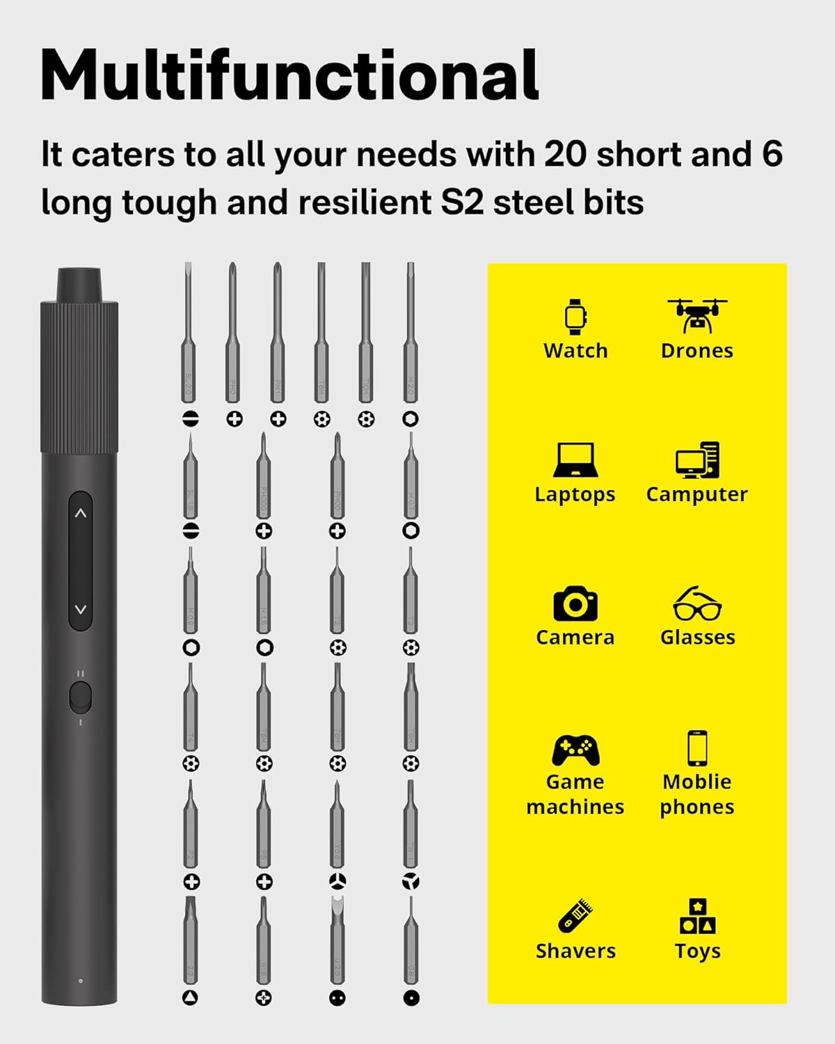 HOTO Precision Screwdriver Set, 110° Upright Workpad, Mini Electric Screwdriver with Charging Dock, 0.05/0.2 N·m Torque, LED Light, 26 Bits and 10 Repair Tools for Electronics, Phones, Laptops