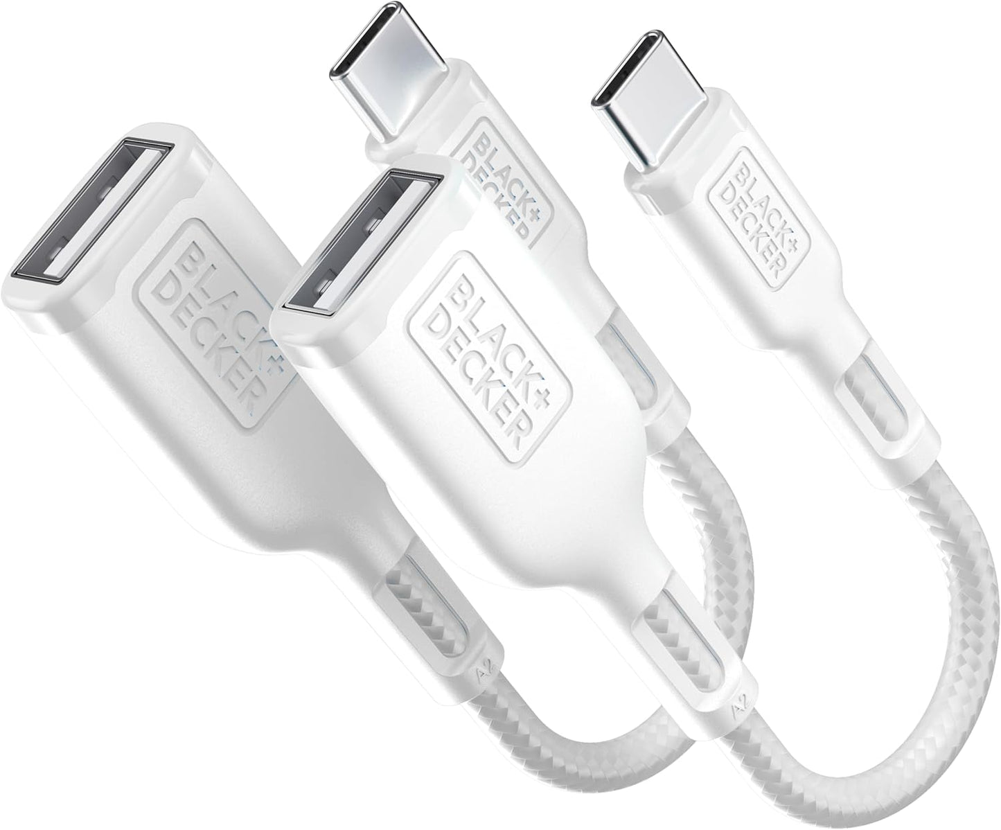 BLACK+DECKER USB C to USB A Adapter, USB C Male to USB Female Adapter Nylon Braid, Type C OTG Cable Compatible w/iPhone 16 15 Pro, MacBook Pro 2022/Air/Mini, iPad—2 Pack, 3" (White)
