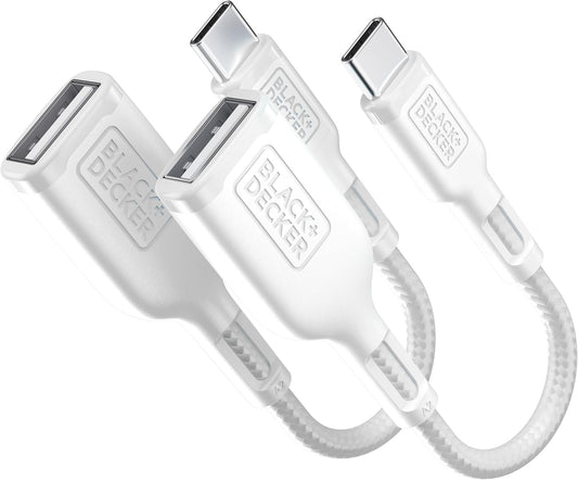 BLACK+DECKER USB C to USB A Adapter, USB C Male to USB Female Adapter Nylon Braid, Type C OTG Cable Compatible w/iPhone 16 15 Pro, MacBook Pro 2022/Air/Mini, iPad—2 Pack, 3" (White)