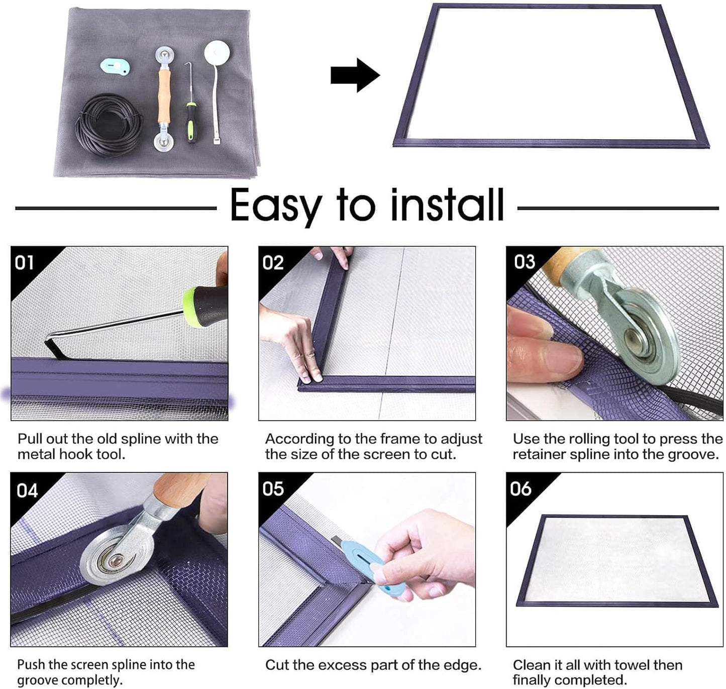Windows Screen and Screen Door Repair Kit - 48"x118" Fiberglass Mesh Gray with Rolling Tool/Hook/Ruler/Cutter/Spline - Window Screen & Sliding Screen Door Replacement for Windows, TOOLTRIZ