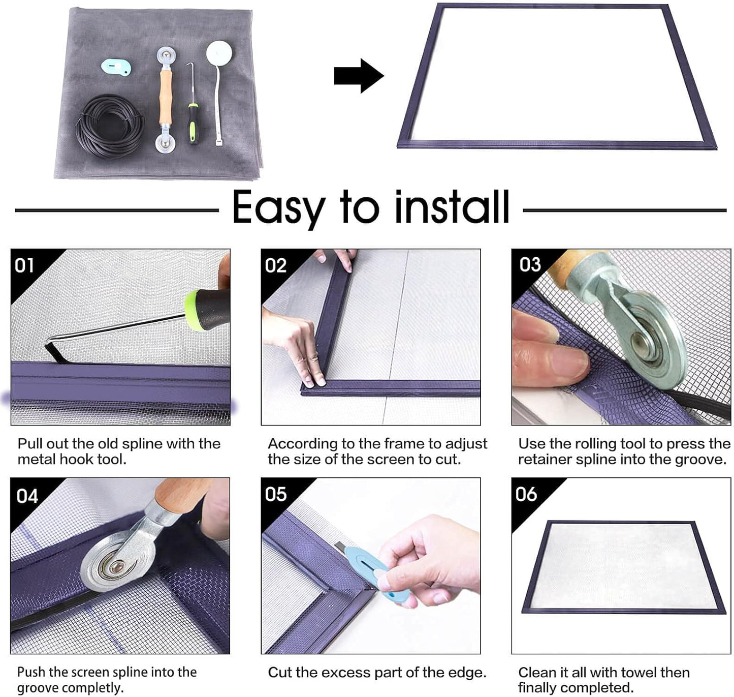 Window Screen Repair Kit - 59" x 106" Screen Door Replacement Fiberglass Screen Mesh with All Screen Tools for Sliding Door and Patio Screen Door Replacement, TOOLTRIZ
