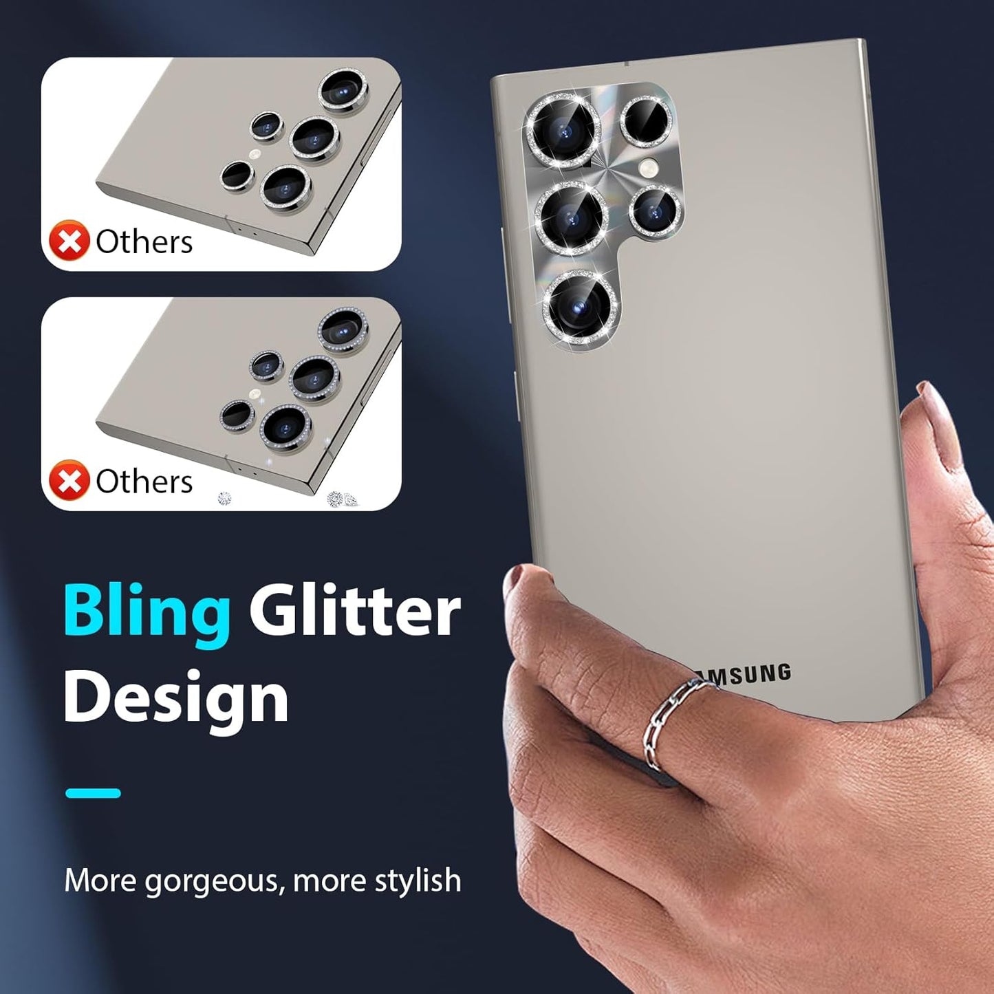 YWXTW Camera Lens Protector for Samsung Galaxy S24 Ultra, [Lithography Laser Gradient] [5X Strengthen] Bling Glitter Tempered Glass Screen Protector Metal Ring Camera Lens Cover (Titanium Gray)