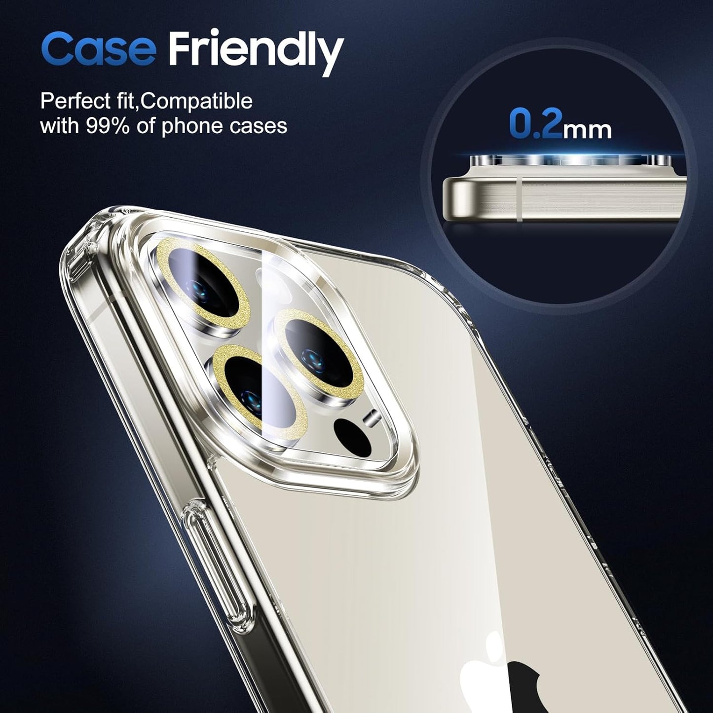 UniqueMe for 3 Pack iPhone 15 Pro/iPhone 15 Pro Max Camera Lens Protector, [Drop Protection] [Case Friendly] 9H Tempered Glass Camera Cover Screen [Update New Version] - Glitter Golden