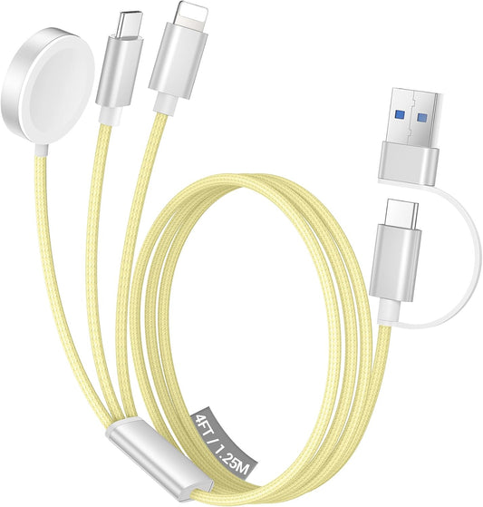 Temdan for Travel Vacation Essentials,3 in 2 USB C Cable for Apple Watch Charger/iPhone 16 Charger/Lightning,Multi Charging Cable Cord,Camping Essentials,Designed for iWatch &iPhone 16-12-4FT Yellow
