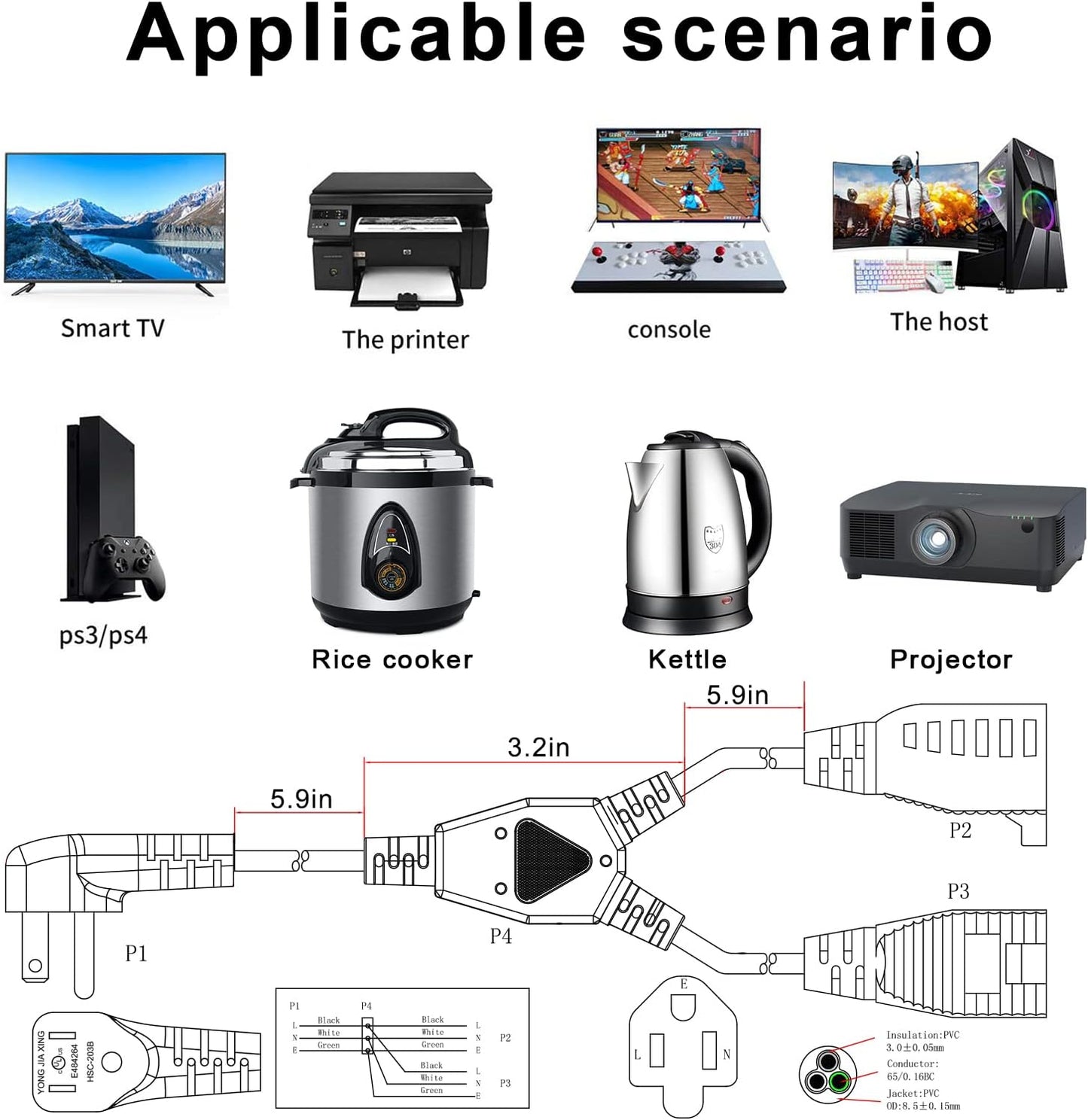 Power Cord Extension Y Splitter - 1 to 2 Way Outlet Adapter NEMA 5-15P 90-Degree Flat Plug to 2 X NEMA 5-15R with SJT 16AWG 3-Prong Cable Wire Extender Space Saver for Kitchen Home Office