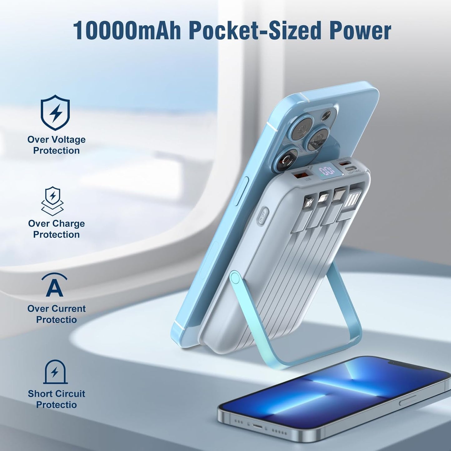 Wireless Portable Charger 10000mAh,Magnetic Power Bank with Built-in Cables LED Display,22.5W PD Fast Charging for Magsafe Battery Pack Compatible with iPhone16/15/14/13/12/Pro/Pro Max(Blue)