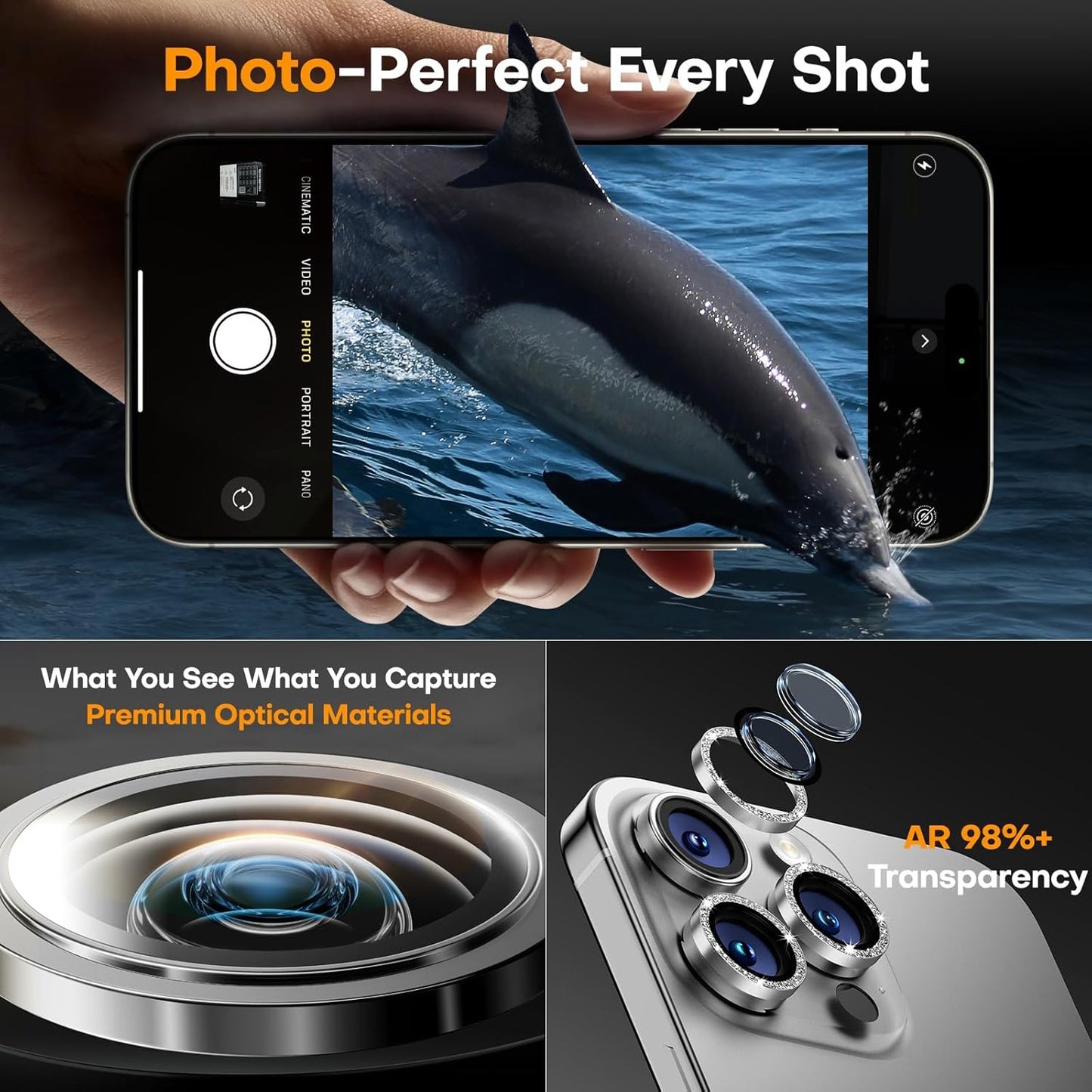 Camera Lens Protector for iPhone 16 Pro Max/16 Pro/15 Pro Max/15 Pro/14 Pro Max/14 Pro, Sapphire Glass Metal Individual Camera Cover Screen, Anti-drop, Case Friendly- Glitter White Titanium