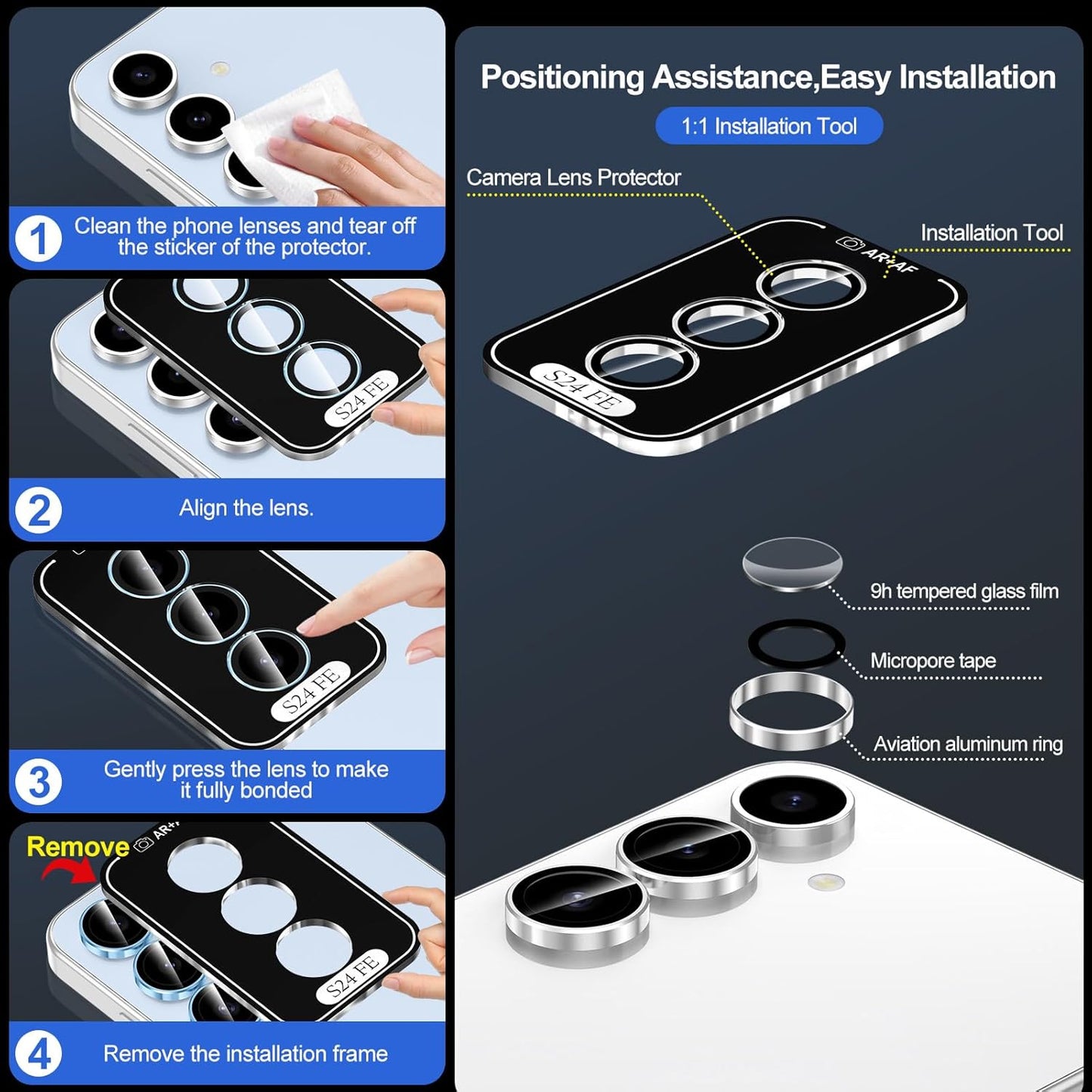 for Samsung Galaxy S24 FE Camera Lens Protector, Individual Metal Ring Tempered Glass Lens Cover, [Strong Adsorption] Scratch Resistant Ultra-Thin HD Clear Lens Cover, 1 Set-Slivery Ring