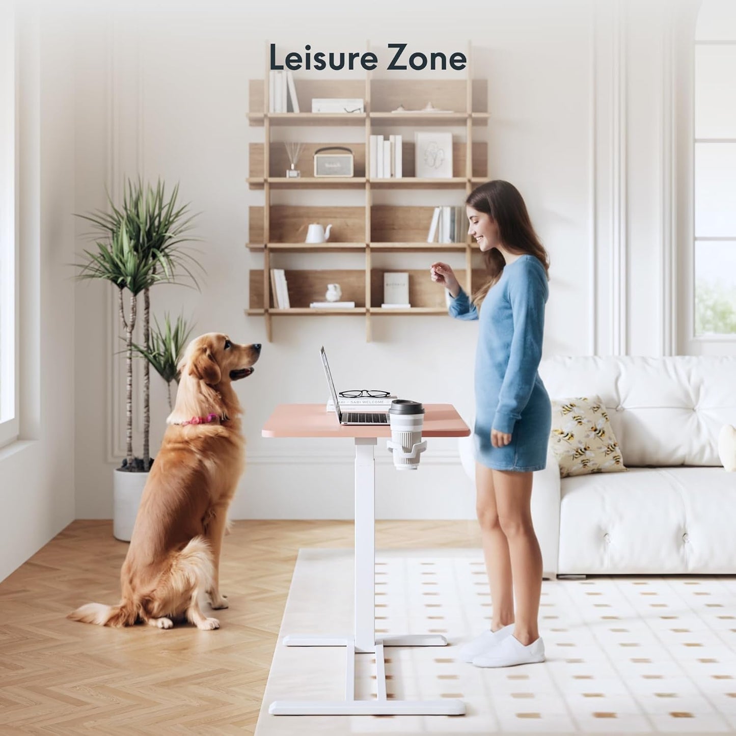 FLEXISPOT H7 Adjustable Overbed Bedside Table with Wheels Pneumatic Mobile Standing Desk Laptop Desk Rolling Computer Cart Movable Overbed Table Hospital Home Use(31.5" W x 17.7" D, Pink)