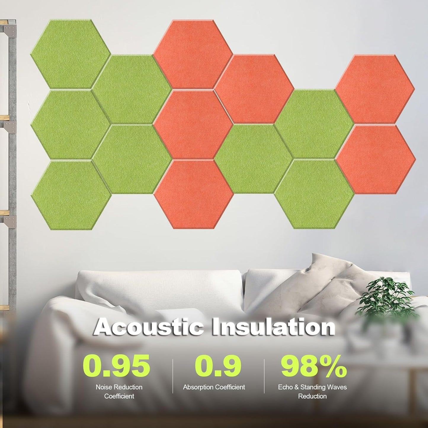 Mollywell Hexagon Acoustic Panels, High Density, Soundproofing, Decorative Noise Reduction Felt Wall Tiles for Ceilings, Home Office & Gaming Room (Orange and Fruit Green), 14x12x0.4 Inch