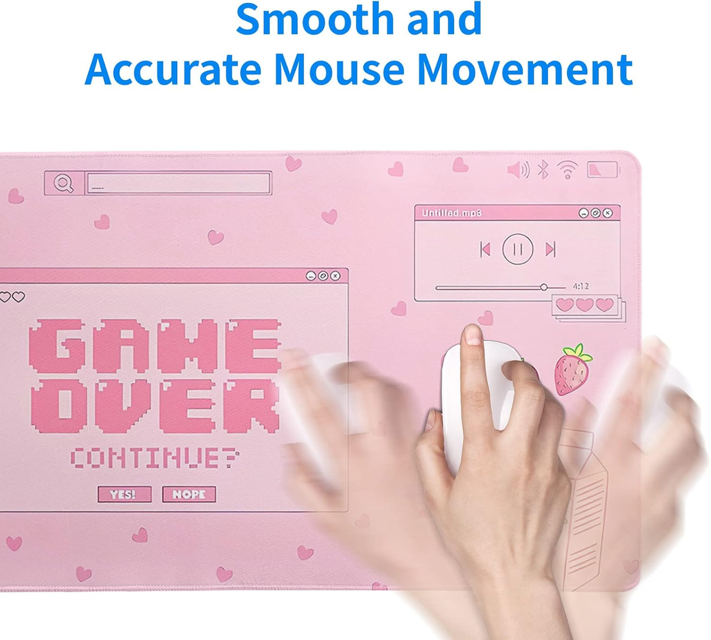 Pink Gaming Mouse Pad 31.5x11.8 Inch Pastel Game Over Large Mousepad Kawaii Office Decor for Women Non-Slip Rubber Base Stitched Edges Keyboard Mouse Mat Desk Pad for Office Home and Game