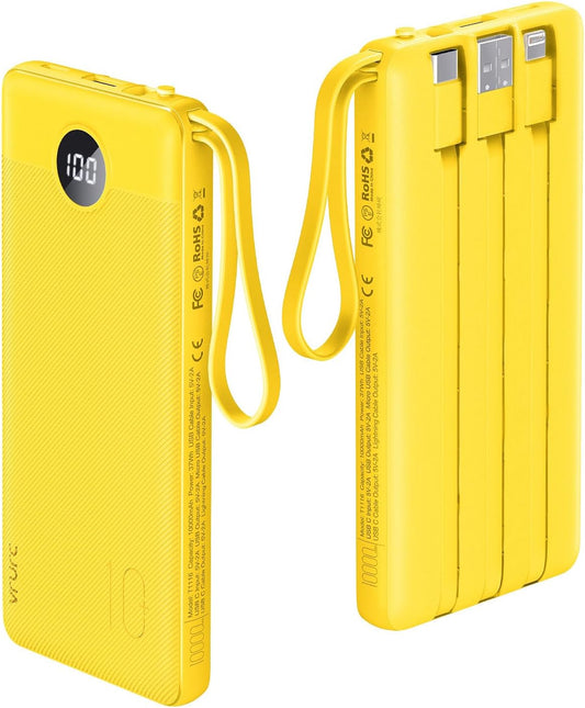 VRURC Portable Charger with Built-in Cables, 10000mAh LED Display USB C Power Bank, Slim Travel Battery Pack with 5 Output 2 Input Compatible with iPhone,Samsung,Android etc-Yellow(1 Pack)