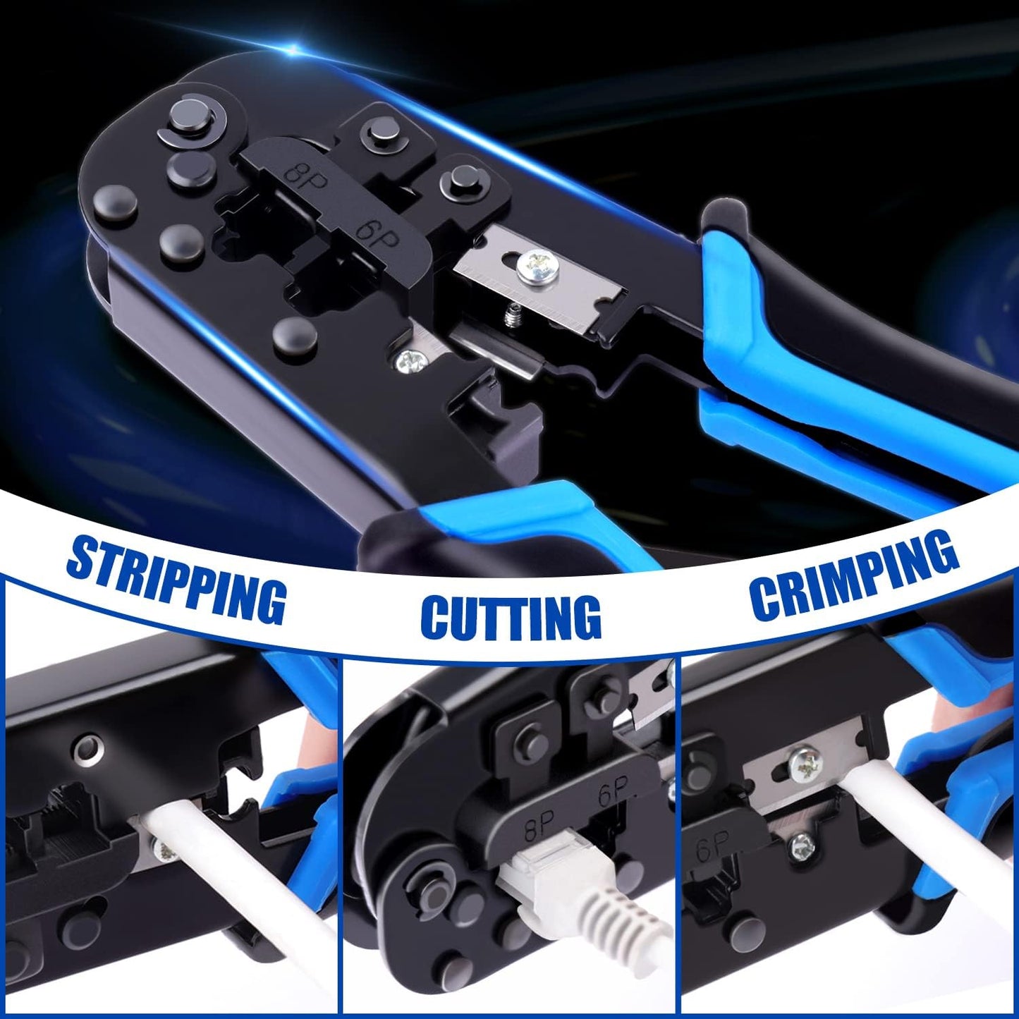 Delgada RJ45 Ethernet Crimping Tool kit,4in1 Professional Cutter Stripper Network Crimper for RJ-11,6P/RJ-12,8P/RJ-45 Crimp,with 20pcs Cat5 Cat5e RJ-45 Connectors-20PCS Covers-1 Network Wire Stripper