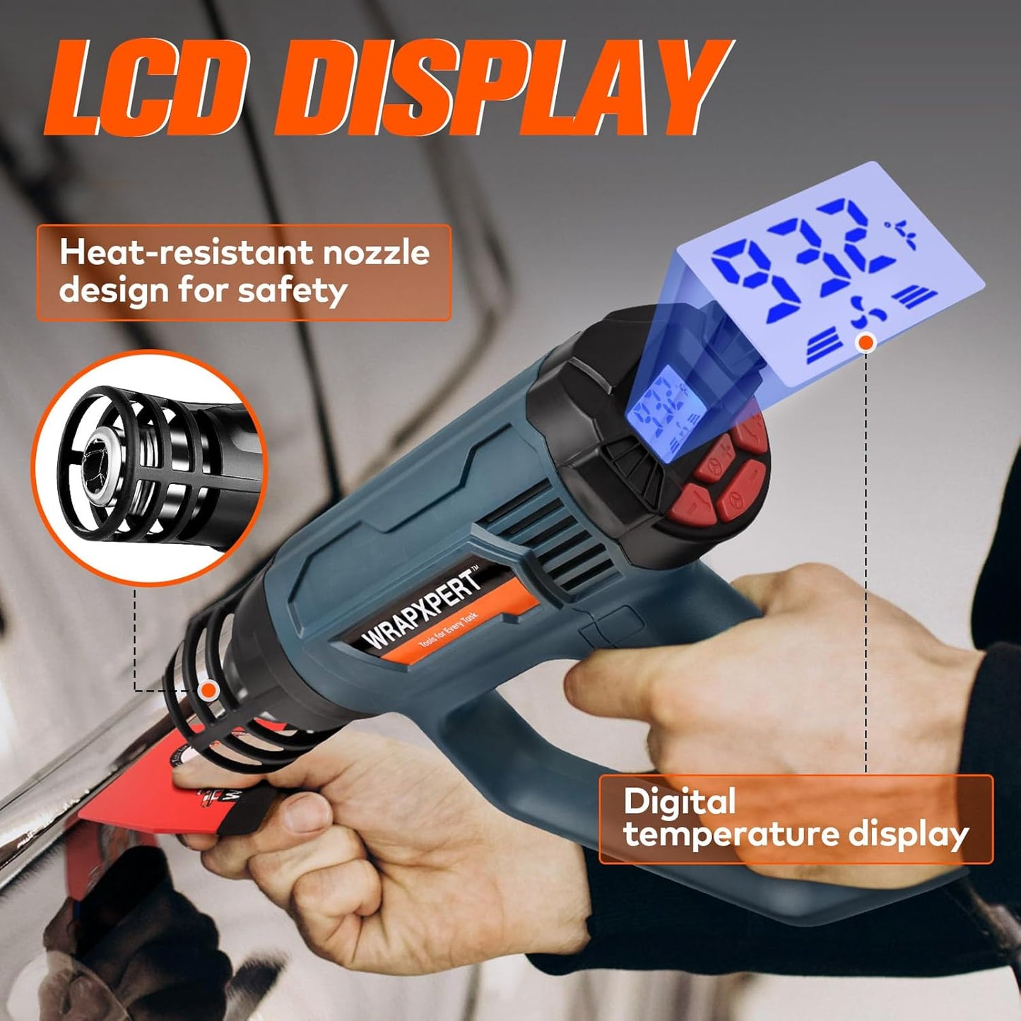 WRAPXPERT Heat Gun for Vinyl Wrap with Digital LCD 2000W 122℉-1202℉（50℃- 650℃) Hot Air Gun Variable Temperature Control Memory Function for Car Wrap, Crafts, Shrinking Tubing, Stripping Paint