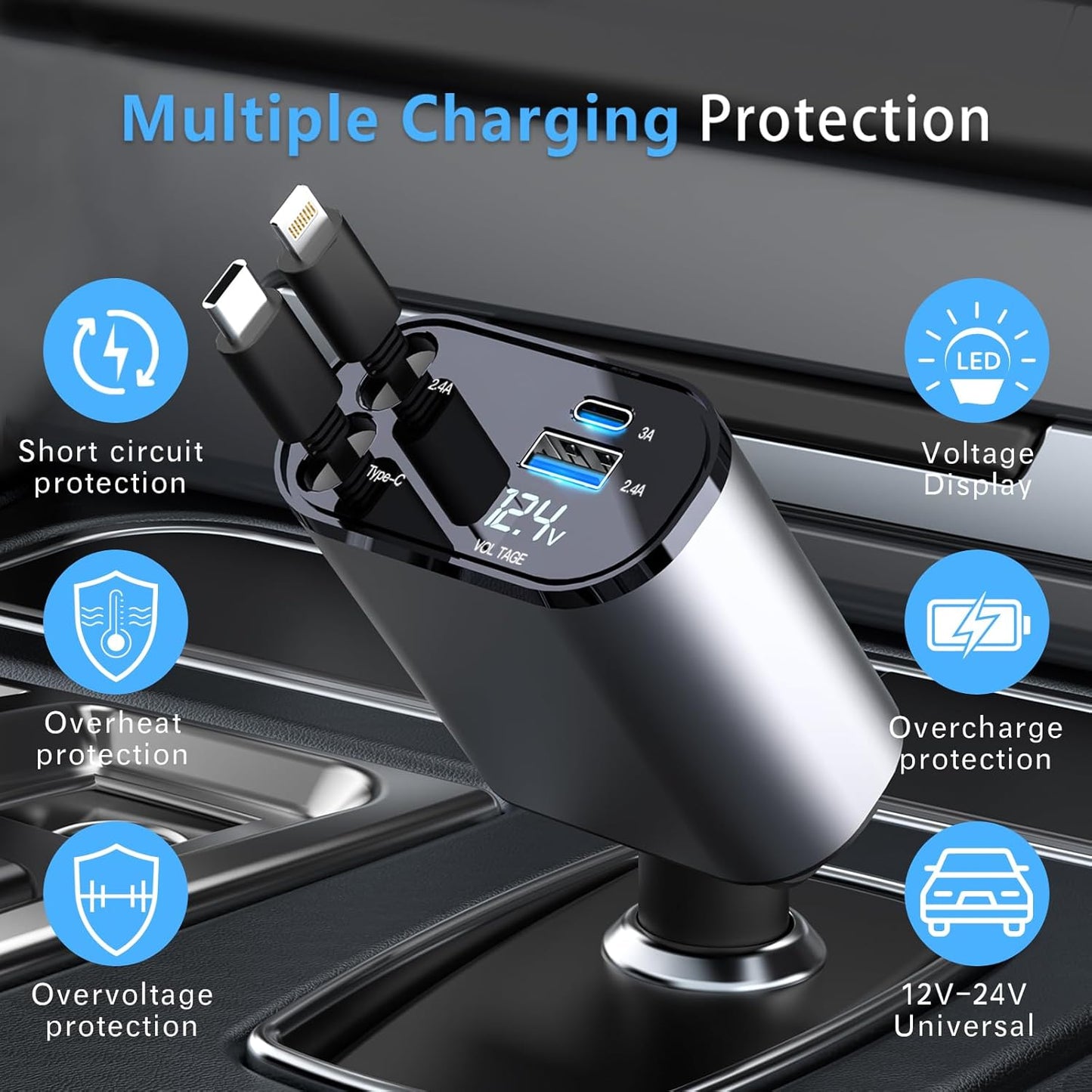 Retractable Car Charger, 66W 4 in 1 Super Fast Charging Car Phone Charger with 2 Retractable 31.5 Inch Cables and 2 USB Ports for iPhone 15/14/13/12/11, Galaxy, Pixel（S）