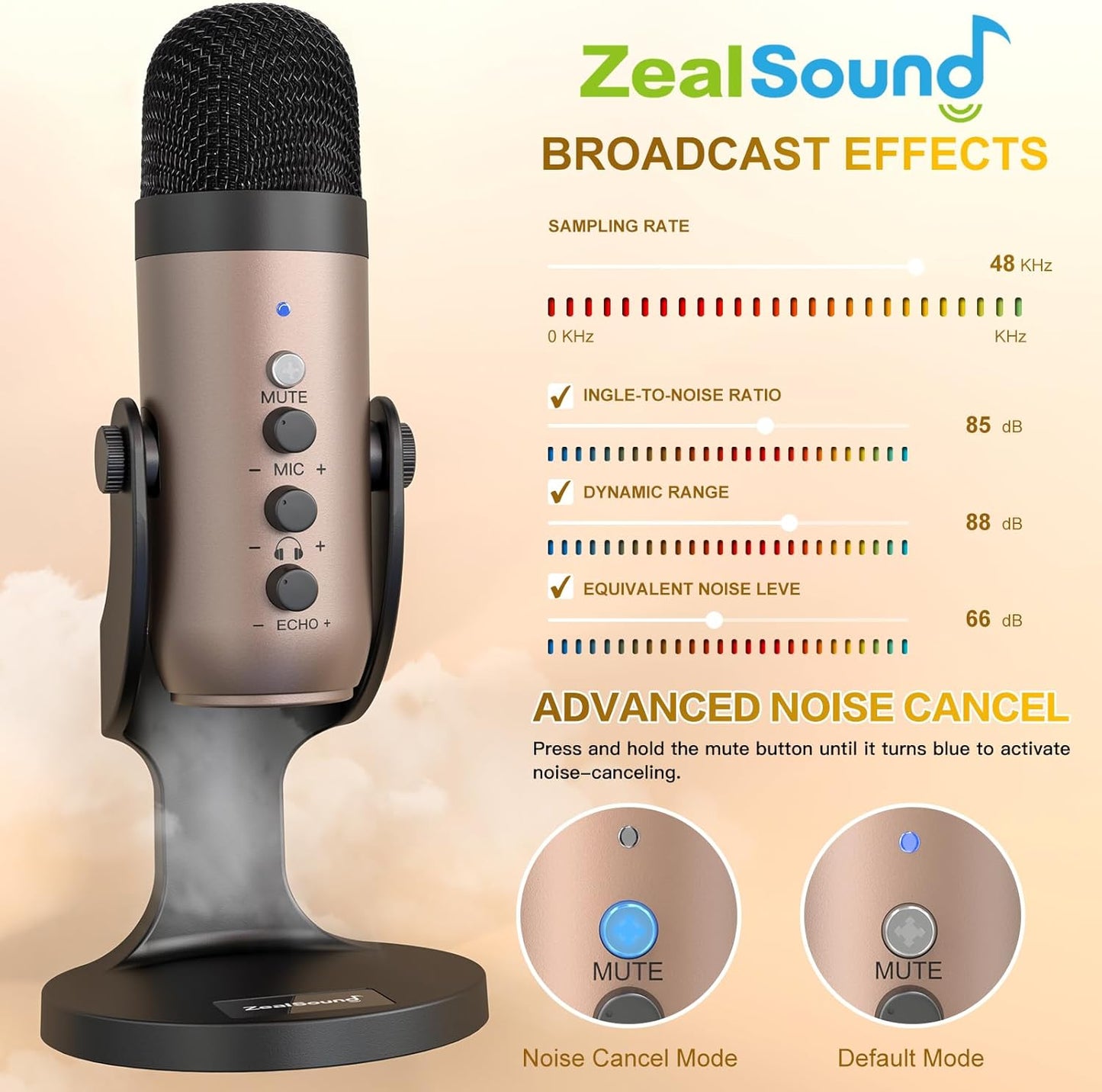 ZealSound USB Microphone,Condenser Computer PC Mic,Plug&Play Gaming Microphones for PS 4&5.Headphone Output&Volume Control,Mic Gain Control,Mute Button for Vocal,YouTube Podcast on Mac&Windows(Gold)