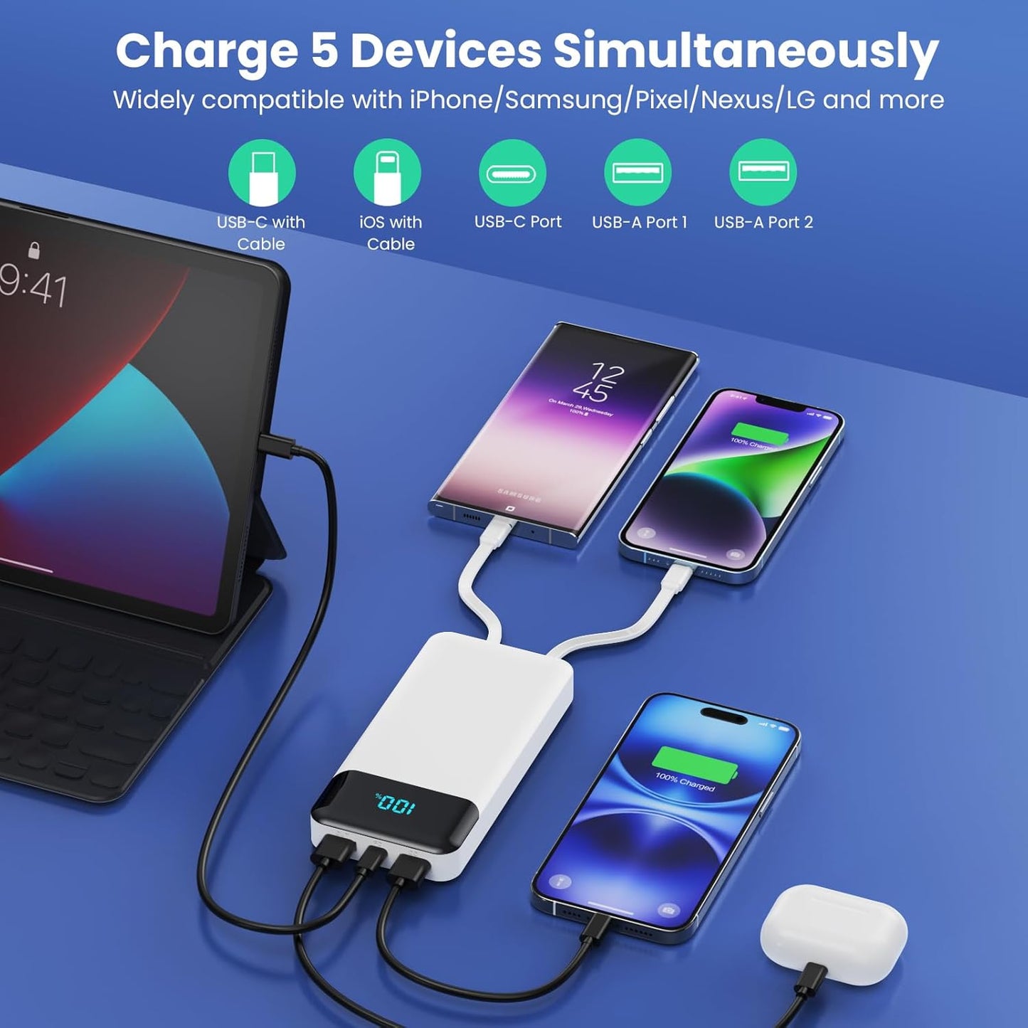 Portable Charger 40800mAh with 3 Built-in Cables,PD 25W USB C in&Out Power Bank Fast Phone Charging,QC4.0 LED Display 5 Outputs External Battery Pack Compatible with iPhone 16/15,Samsung Android-White