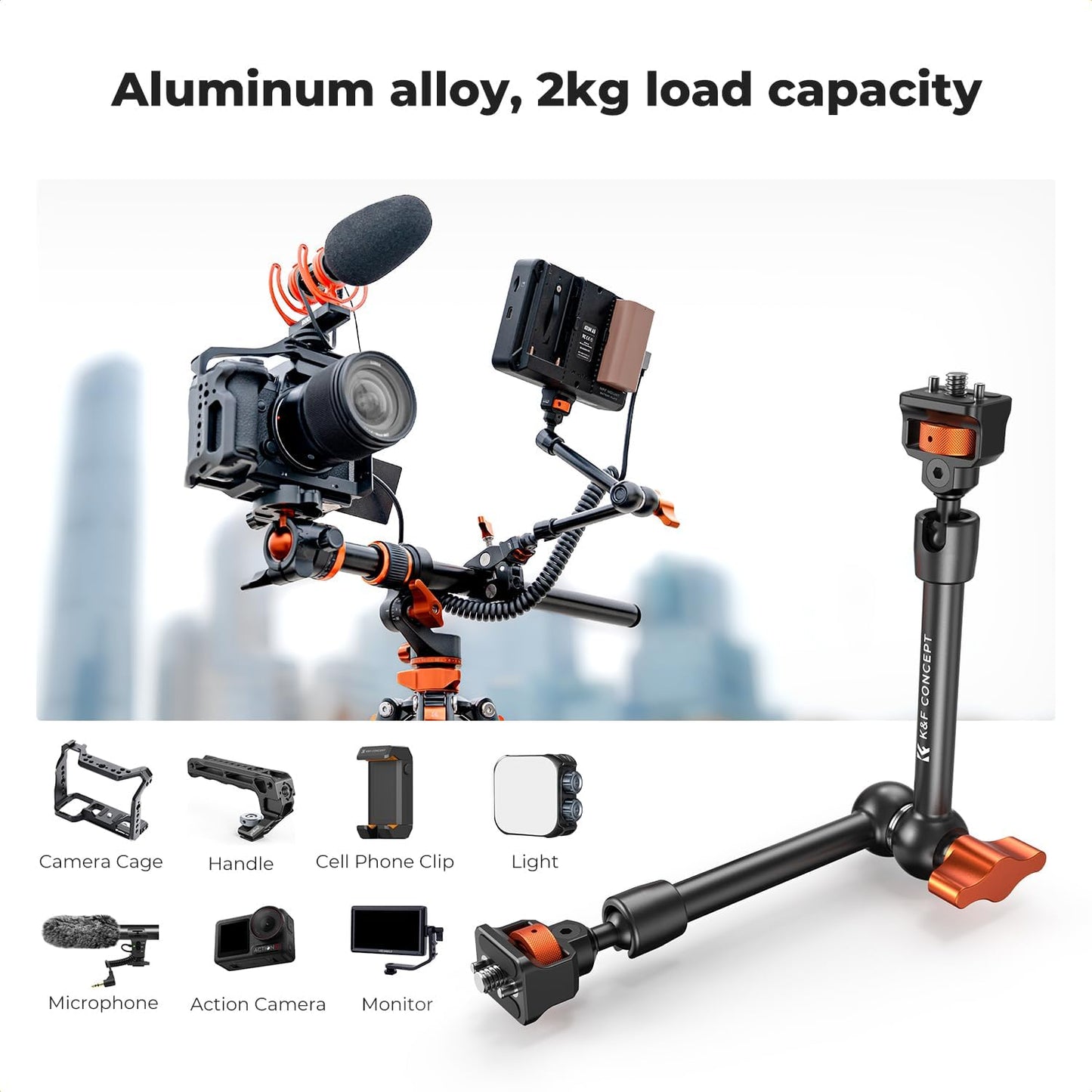 K&F Concept 11" Magic Arm Clamp Kit with ARRI 1/4" & 3/8" Thread Screw 360° Ball Heads Articulating Arm Camera Adapter for DSLR, Monitor, LED Light, Microphone, Camera Cage, Action Camera