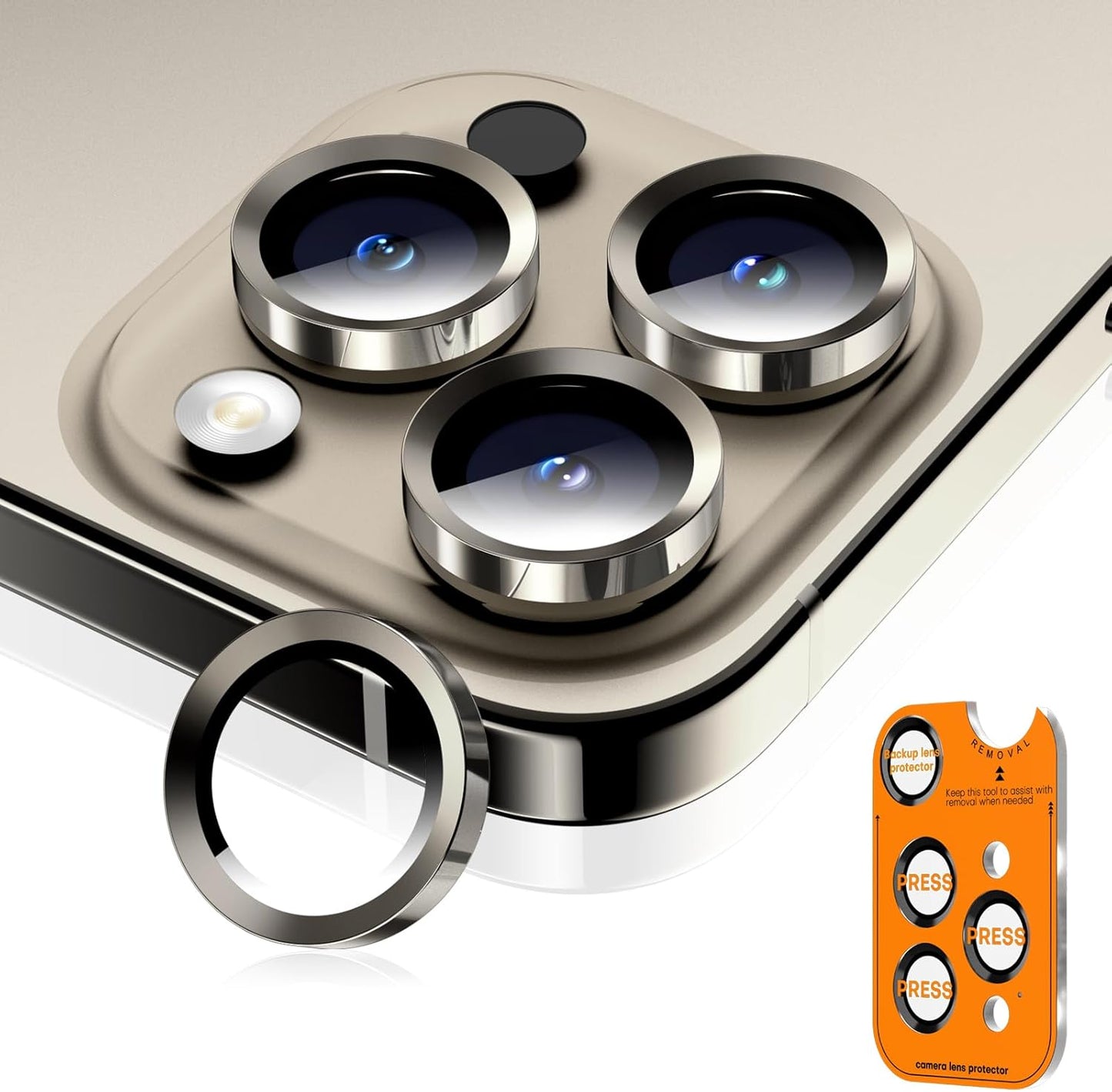 Camera Lens Protector for iPhone 16 Pro Max/16 Pro/15 Pro Max/15 Pro/14 Pro Max/14 Pro,Sapphire Glass Metal Individual Camera Cover Screen, Anti-drop, Case Friendly- Natural Titanium