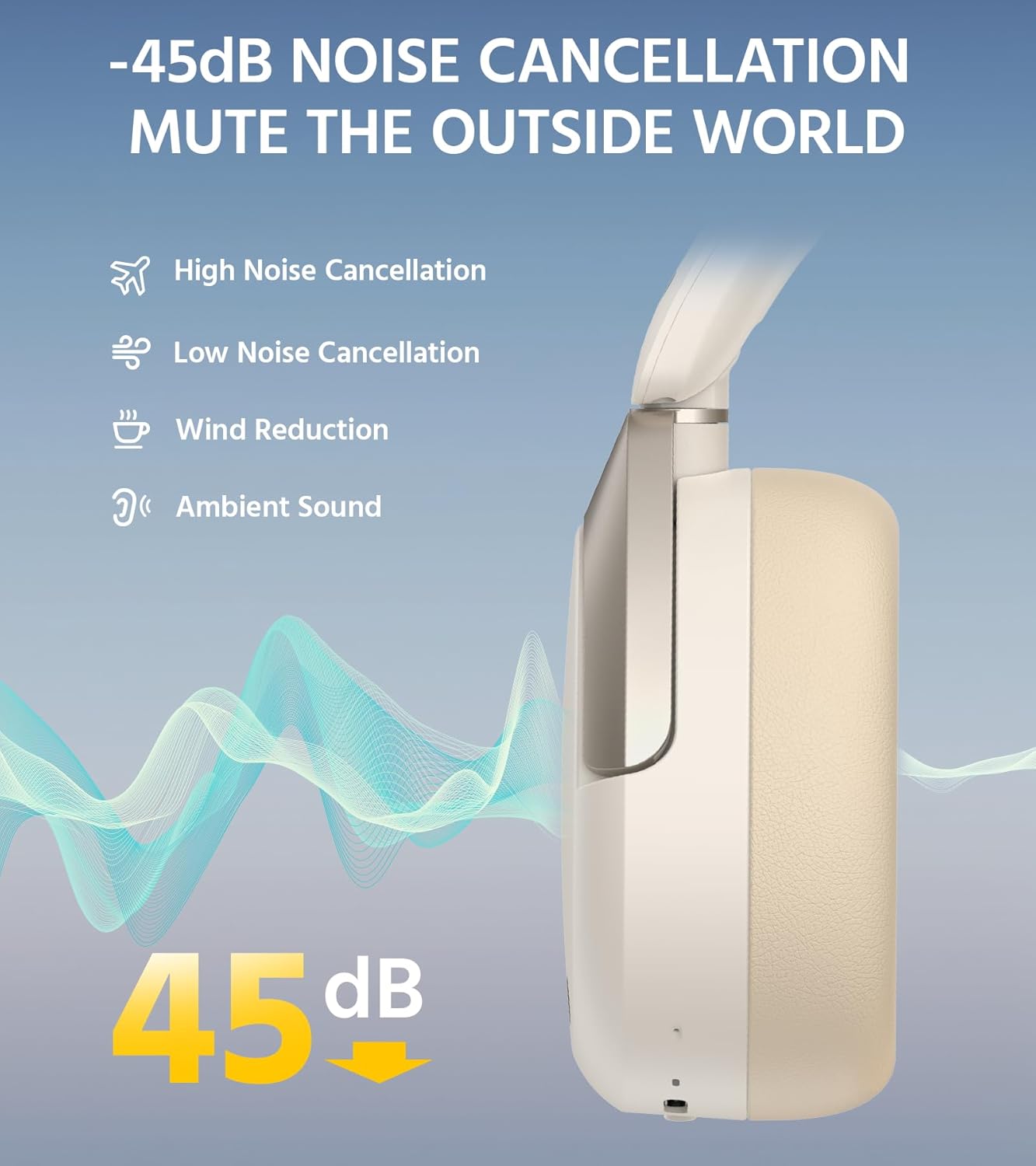 Edifier W830NB Wireless Over Ear Headphones with -45dB Active Noise Cancelling, 94H Playtime, LDAC Hi-Res Sound, Spatial Audio, Fast Charging, Multipoint Connection, Bluetooth V5.4 - Ivory