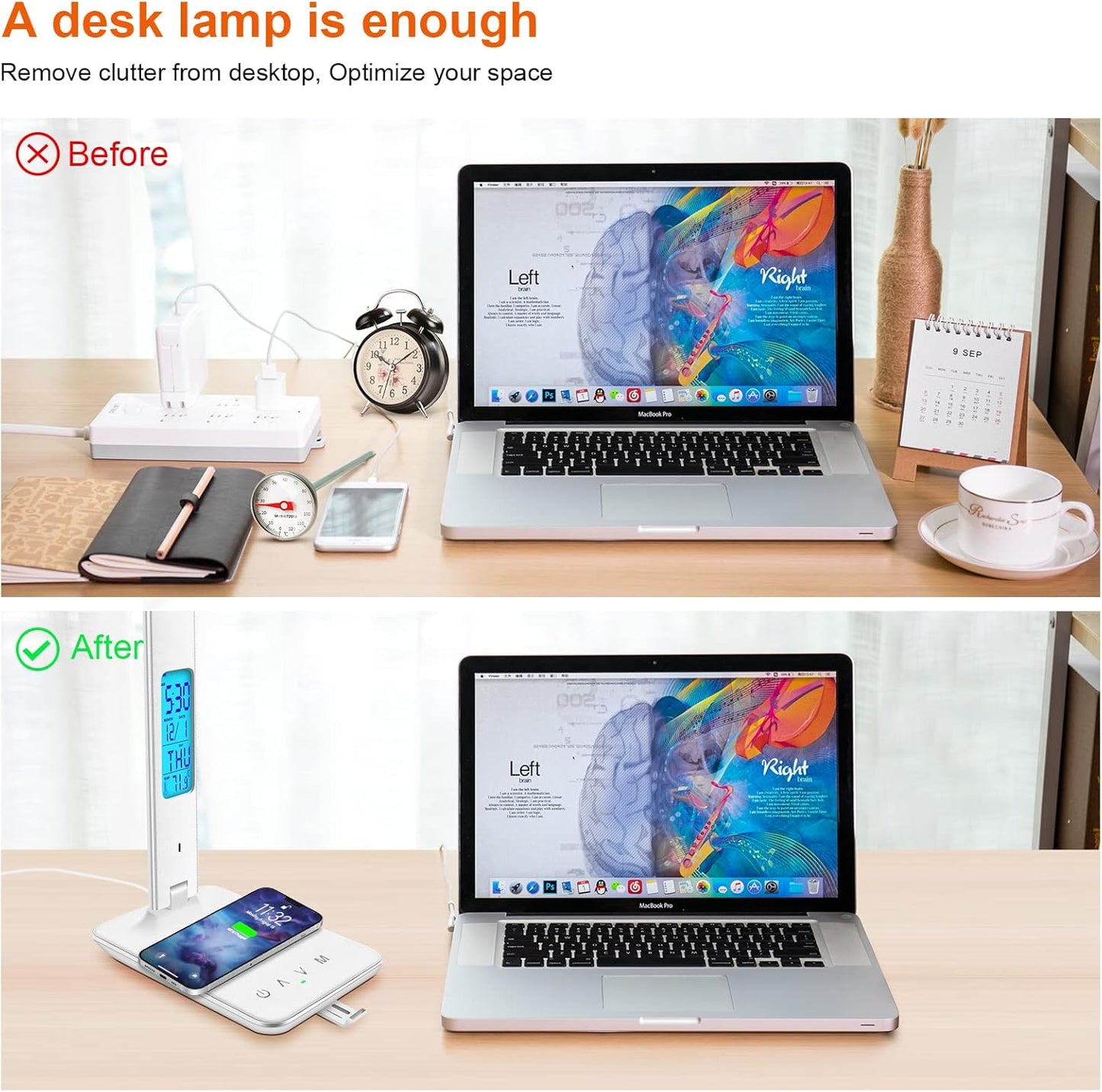Desk Lamp with Wireless Charger，USB Charging Port, Dimmable Office Desk Light with Clock, Alarm, Date, Temperature, Foldable Lamp for Table Bedroom Bedside Office (White, Standard Size-13.3 inch)