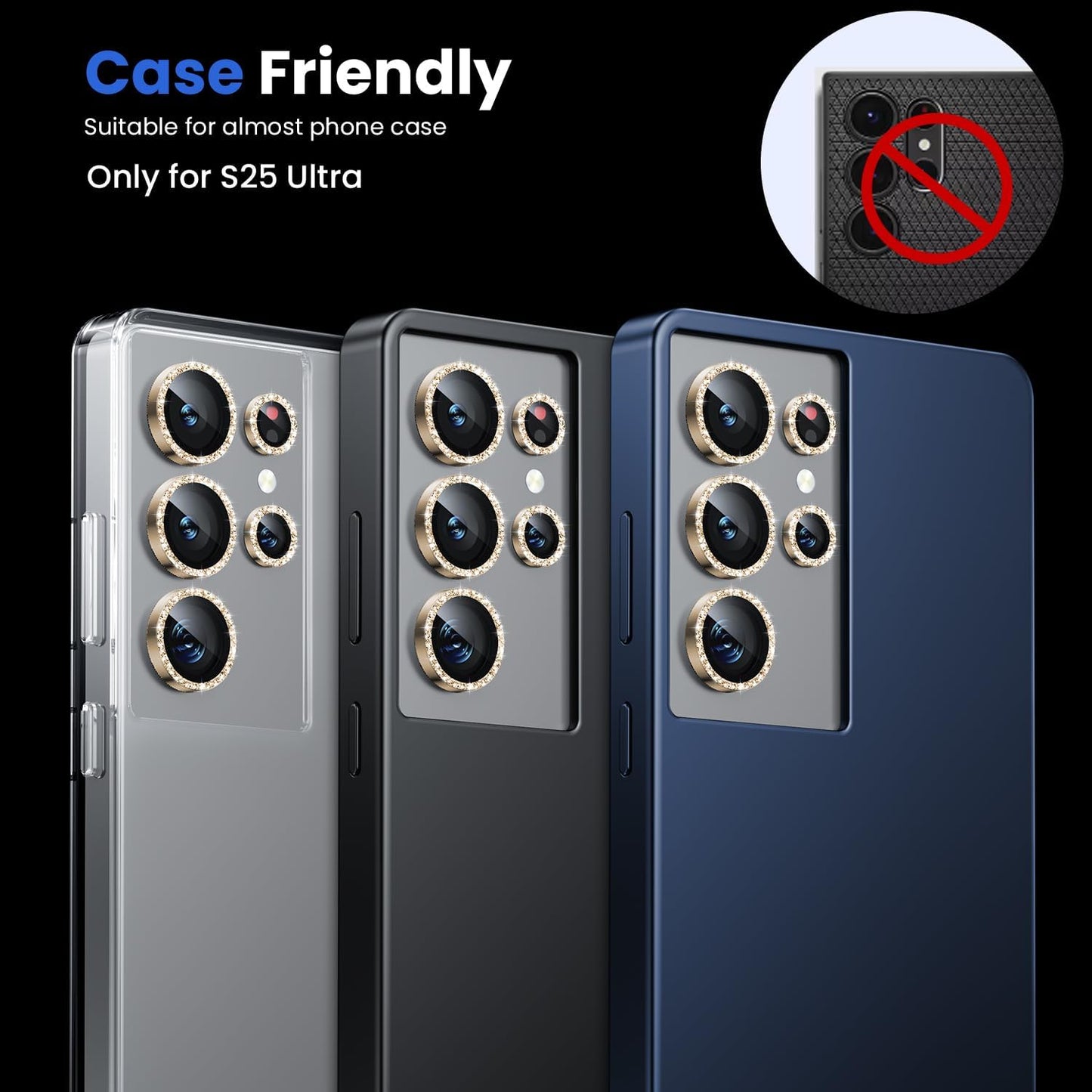 WSKEN for Samsung Galaxy S25 Ultra Camera Lens Protector - Ultra Thin Case Friendly, 9H Shatterproof Tempered Glass with Aluminum Metal Circle Camera Screen Protector Cover Accessories, Glitter Gold