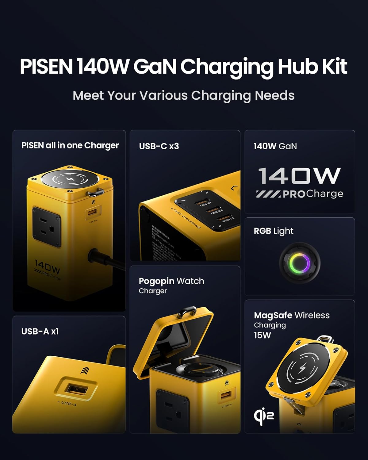 PISEN 8-in-1 Mag-Safe Charger Stand - 140W Charging Station for Multiple Devices Mag-Safe Stand Magnetic Qi2 Wireless Charger for iPhone 16/15/14/13/12, Magnetic Charger for Apple Watch (Yellow)