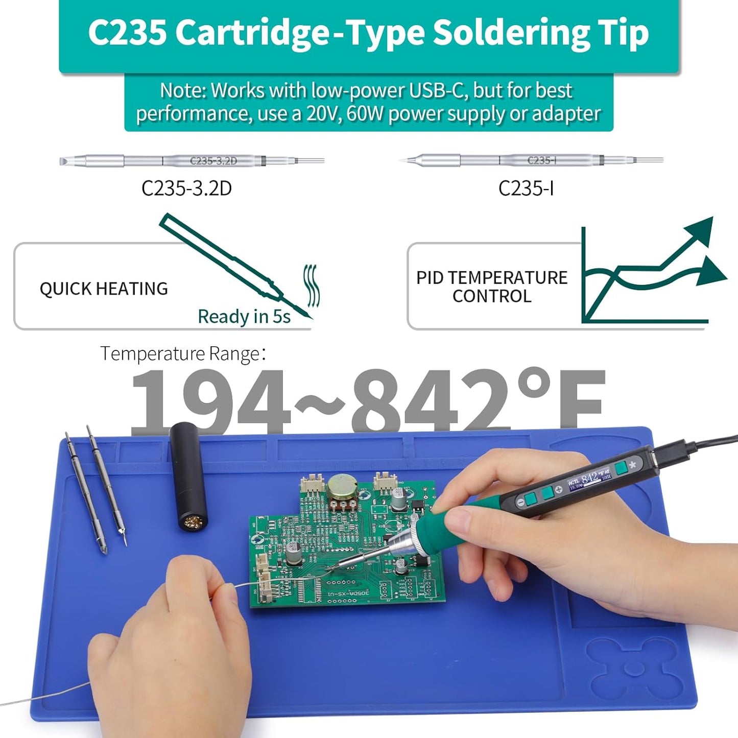 YIHUA 928D-IV Soldering Iron Kit with Type-C Port, Fast-Heating with C235 Cartridge, 194~842°F Temperature Adjustable, PD/QC/Adaptive Protocols, LCD Display, and Multi-Functional Cover