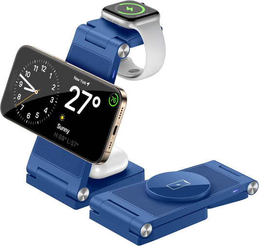 Magnetic Wireless Charger Stand, 3 in 1 Foldable Wireless Charging Station, Travel Charger for Multiple Devices for iPhone 16 15 14 13 12 Series, Apple Watch Ultra/SE/9/8/7/6/5/4/3/2, AirPods