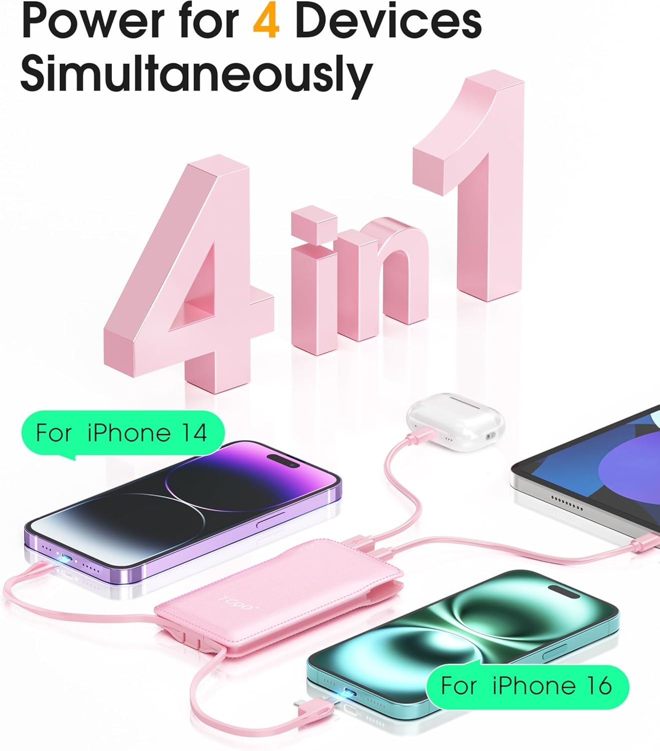 TG90° 10000mAh External Battery Pack with Built-in AC Wall Plug, Compact Cell Phone Portable Charger with Cables Power Bank Compatible with iPhone and Android Devices