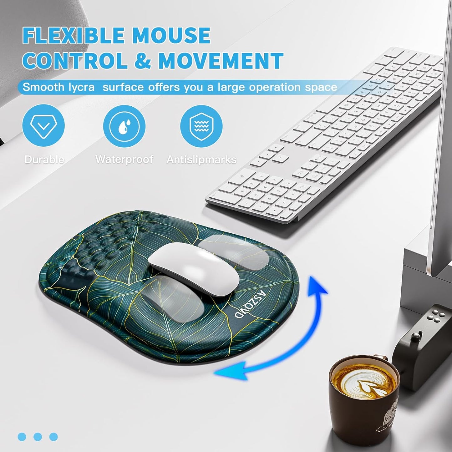 Mouse Pad with Wrist Rest, Ergonomic Mousepads with Wrist Support, Soft Lycra Fabric Memory Foam Office Desk Accessories for Comfort/Pain Relief/PC Gaming/Computer/Laptop (Green Leaves)