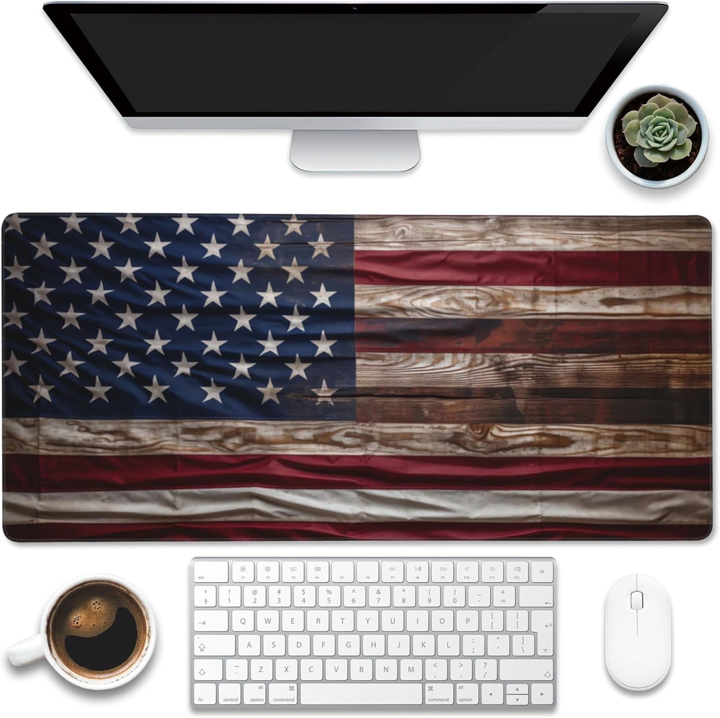 Large Gaming Mouse Pad for Desk,Wooden American Flag Desk Mat,Wooden USA Flag Desk Pad,Extended Big Computer Keyboard Mouse Pad with Non-Slip Base and Stitched Edge,35.4"x15.7"