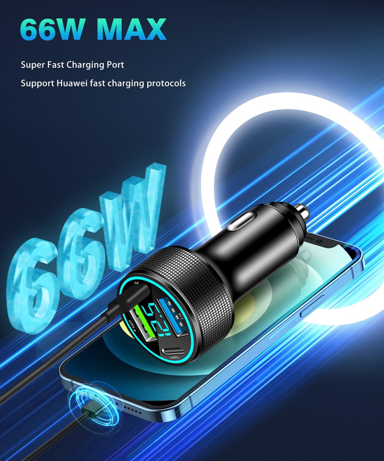 2 Packs of 66W USB C Car Charger 4 Port Car Charger Adapter with 30W PD, 3.1A Aluminium Alloy Car Cigarette Lighter USB Charger with LED Voltmeter Compatible with Phone 15 14 13