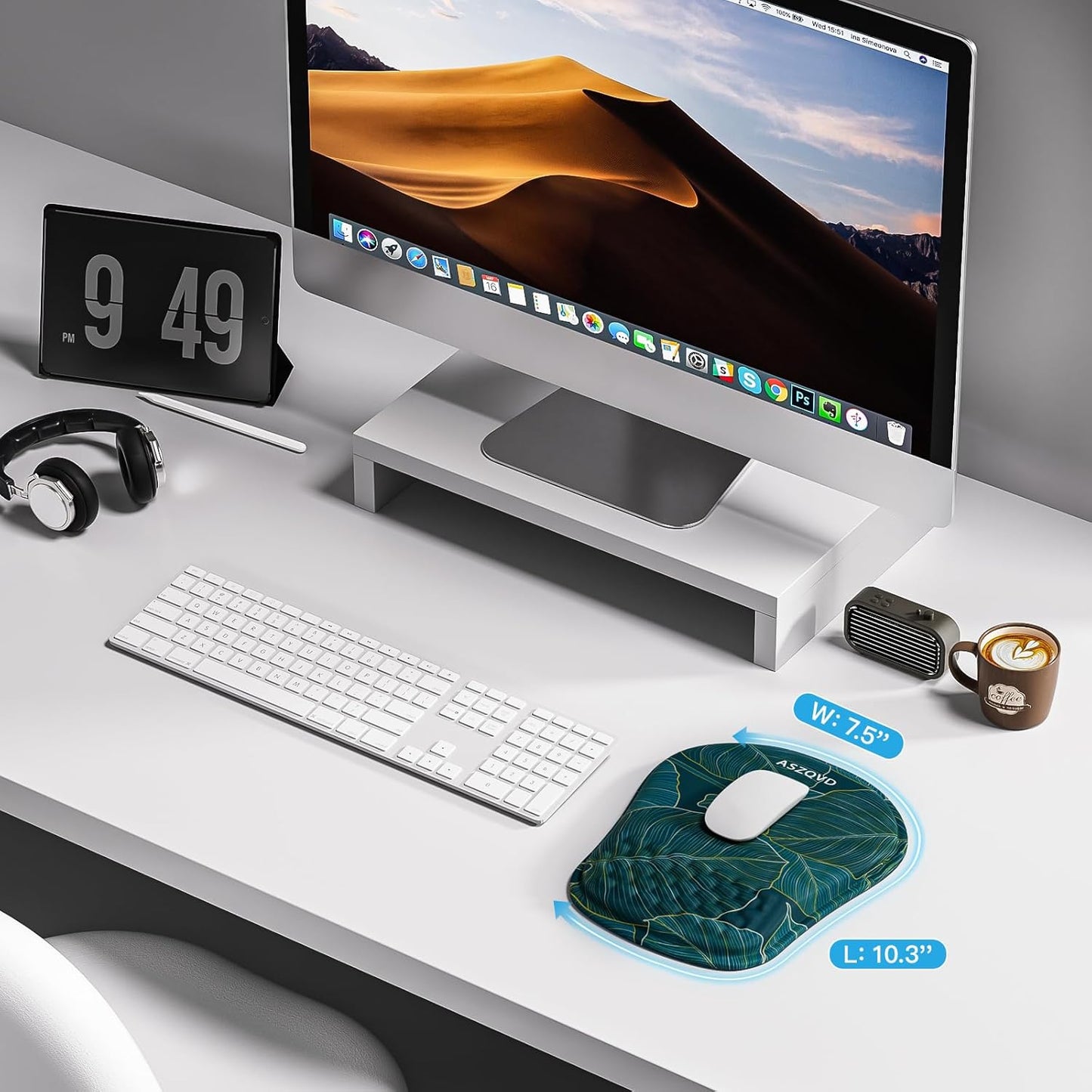 Mouse Pad with Wrist Rest, Ergonomic Mousepads with Wrist Support, Soft Lycra Fabric Memory Foam Office Desk Accessories for Comfort/Pain Relief/PC Gaming/Computer/Laptop (Green Leaves)