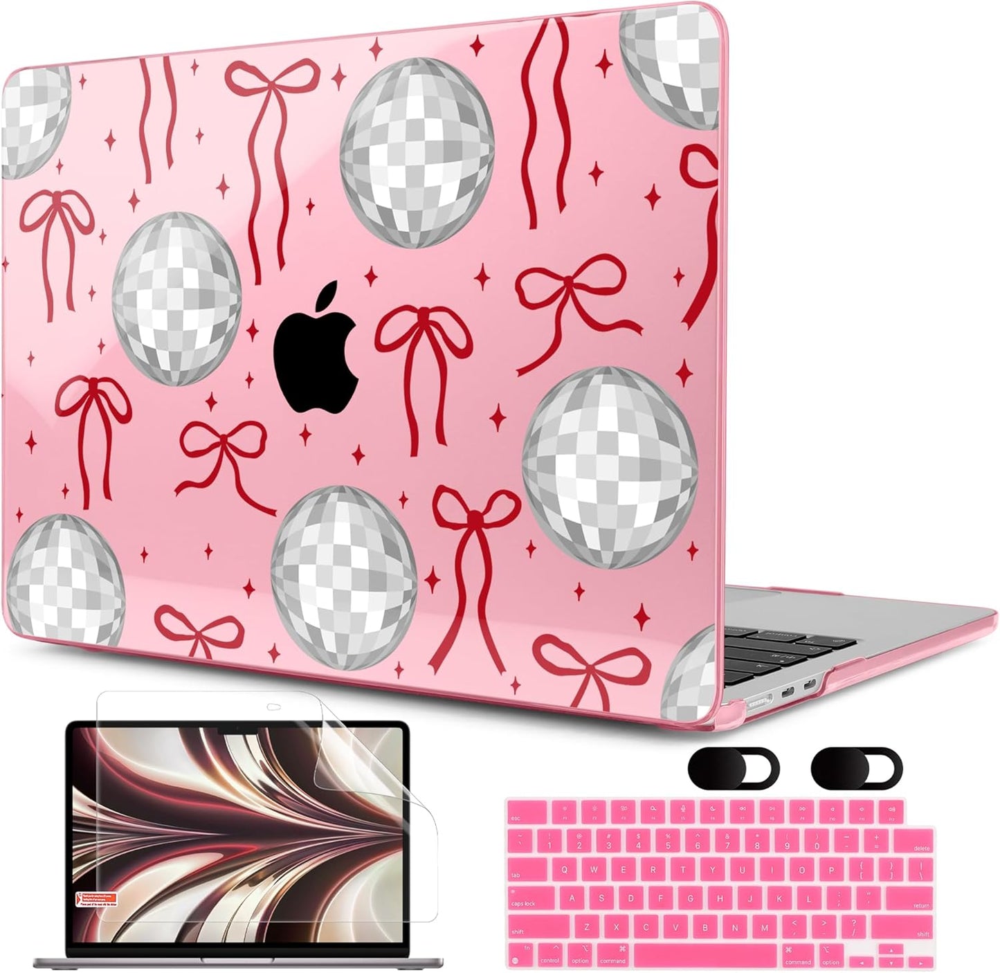 MEEgoodo Case for M4/M3/M2 MacBook Air 13.6 inch Case 2025 2024 2022, Fit Model A3240/A3113/A2681, Laptop Hard Shell with Keyboard Cover Compatible with MacBook Air 13 inch, Disco Balls & Red Bows