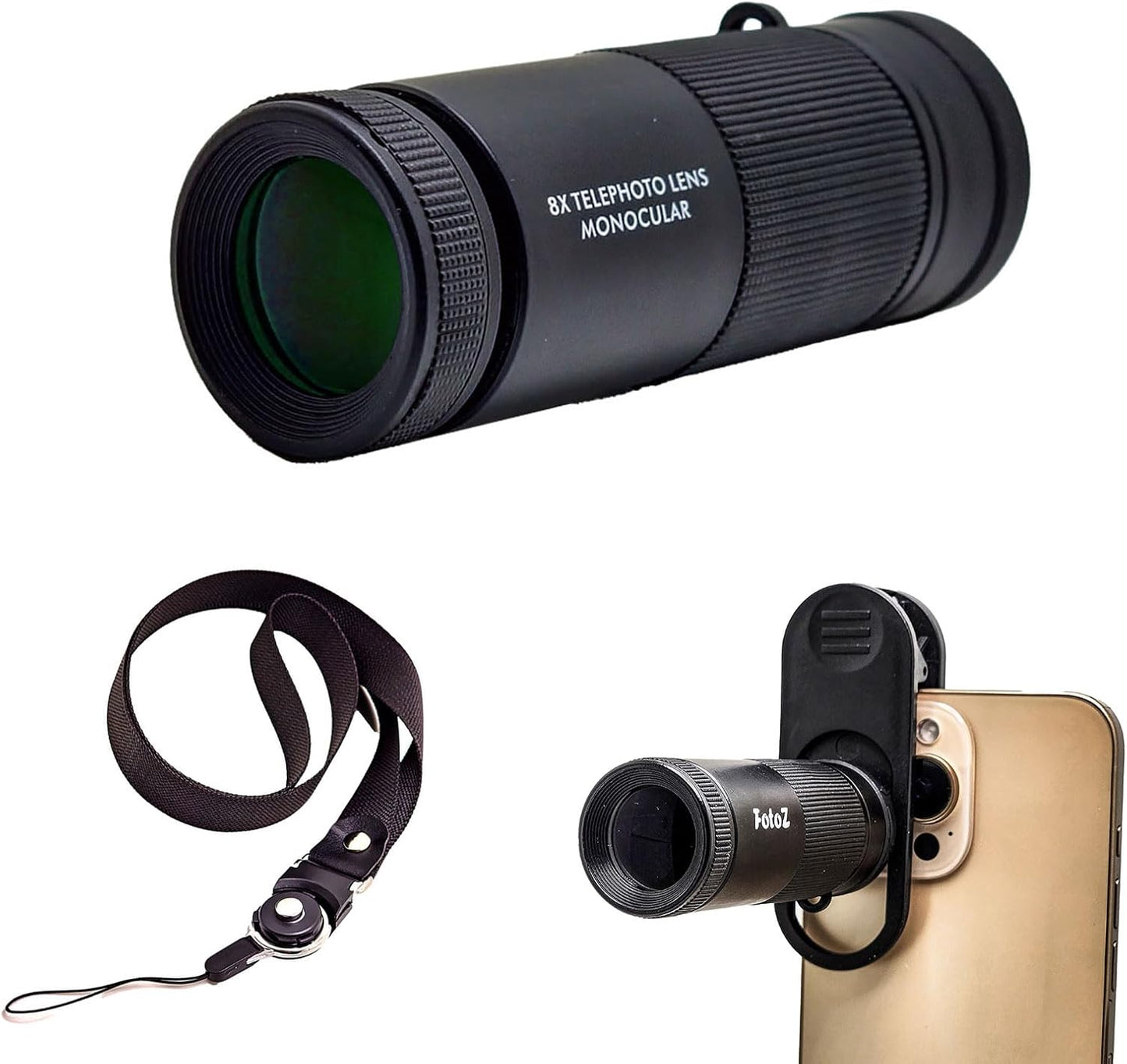 FotoZ 8X Monocular Telescope for iPhone & Android and Most Smartphone, with 8X Optical Zoom Telephoto Lens & 17mm Universal Phone Clip & Storage Bag